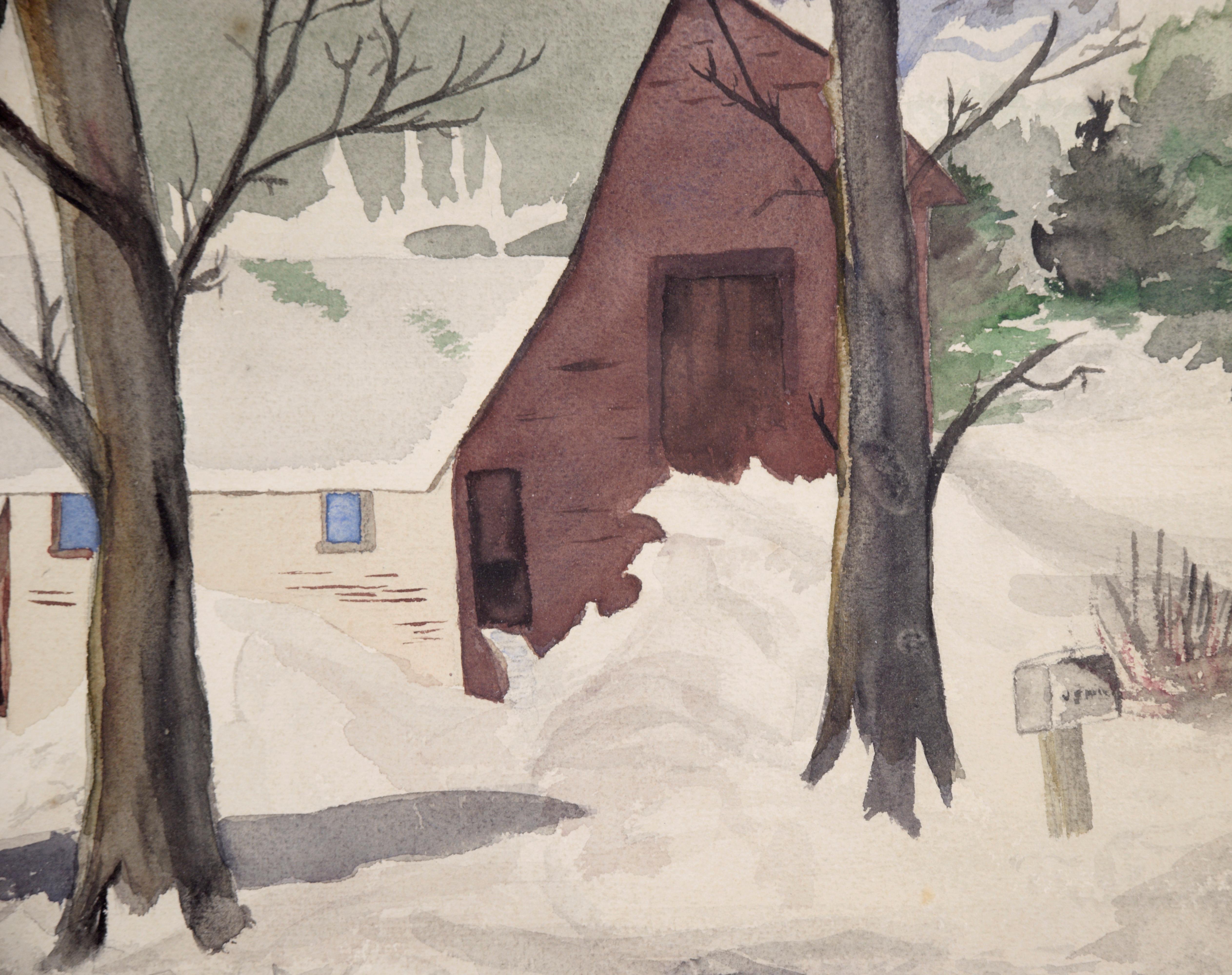 Snowy landscape by Maine artist Fannie Mae Cunningham (American, 20th Century). Tags on verso from previous backing have been preserved. Presented in a new grey-blue mat with a wood frame and glass. Image size: 16