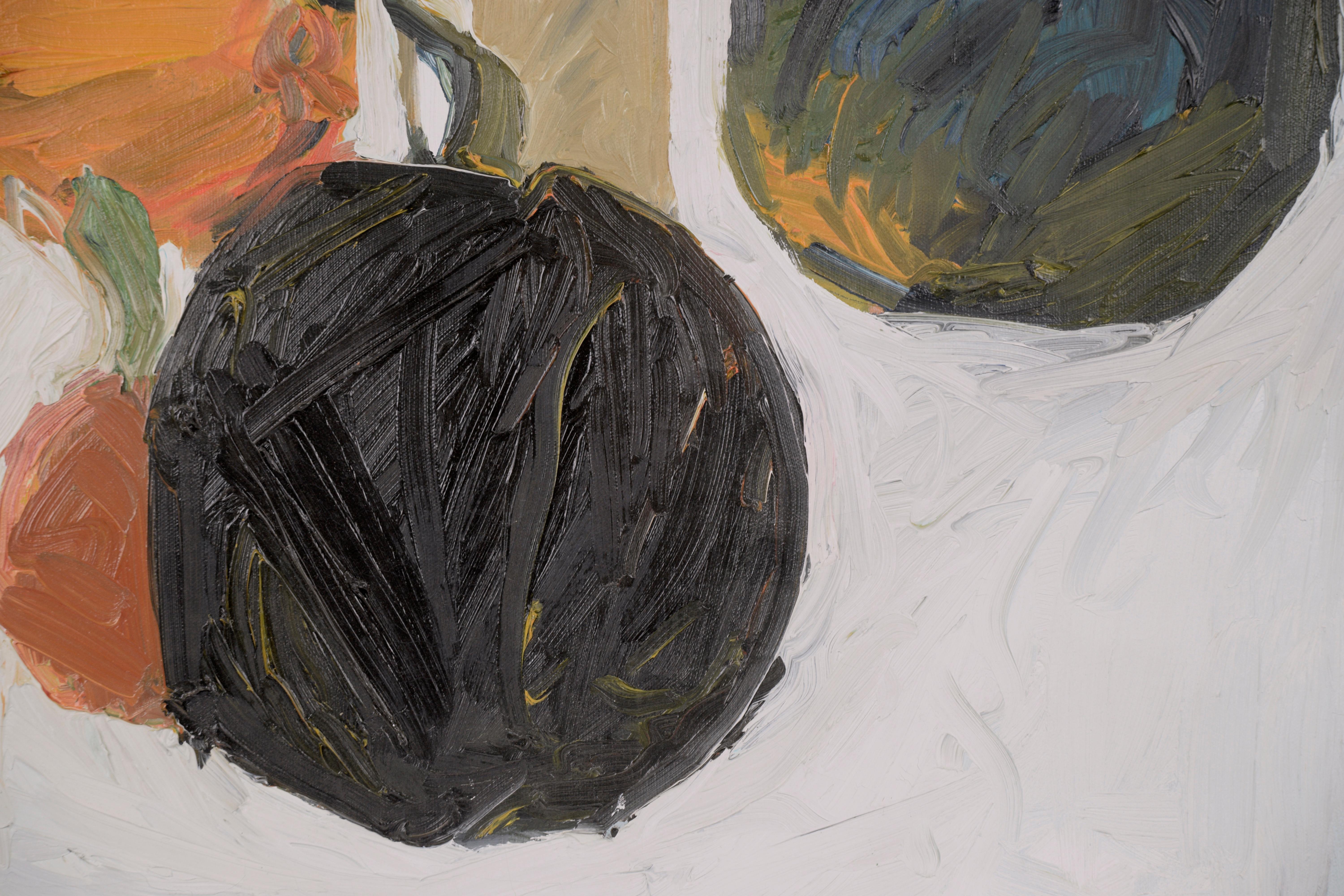 Nature morte automnale expressionniste moderne représentant la récolte de courges d'hiver, réalisée par l'artiste de la région de la baie de San Francisco Michael Pauker (Américain, né en 1957), vers 1970. Malgré le sujet plus traditionnel, les