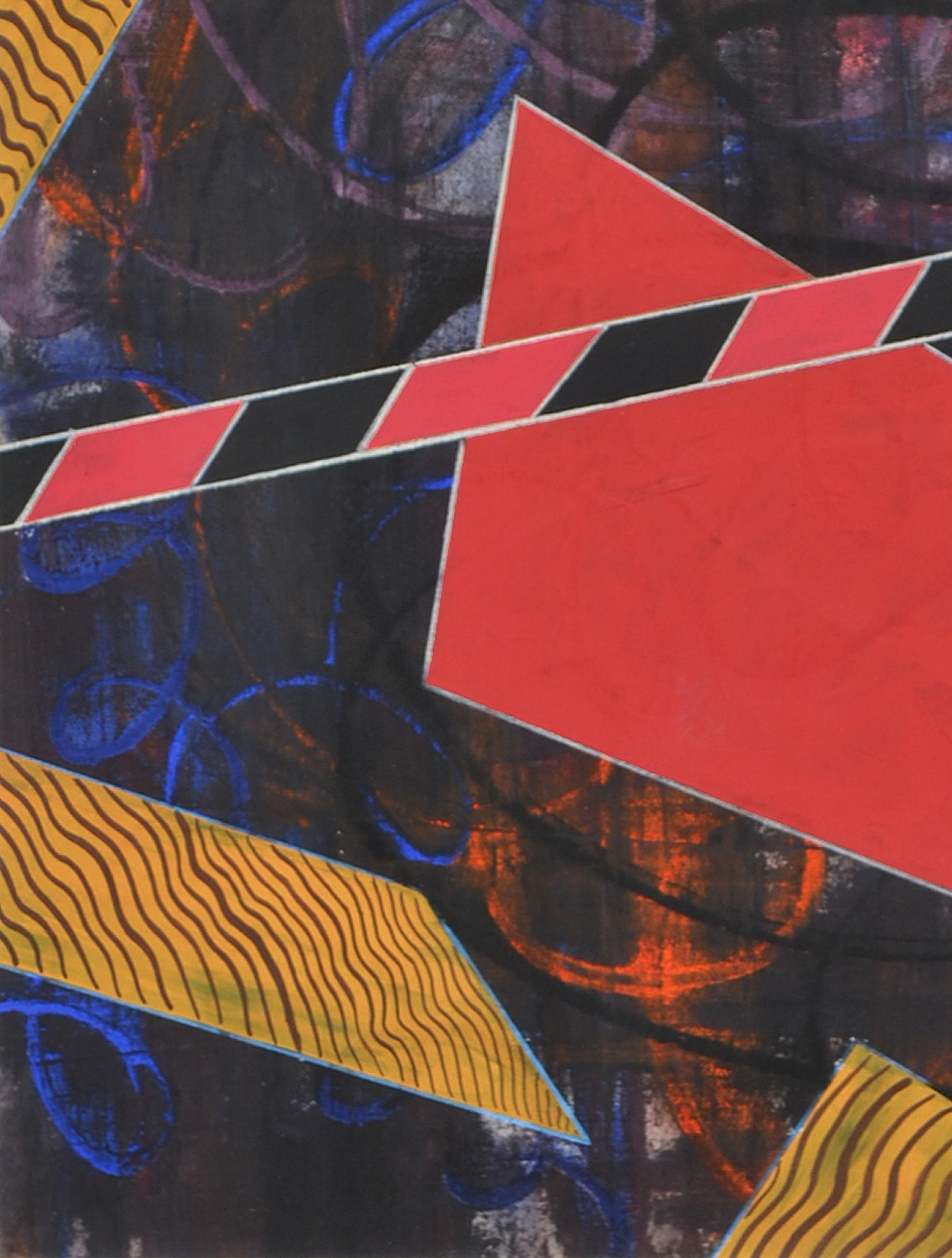 Kühnes und modernes abstraktes geometrisches Werk in Gouache auf Papier, ausgestellt in der San Francisco Museum of Modern Art Gallery, vom kalifornischen Künstler Tony Ligamari (Amerikaner, geb. 1952). Verso auf dem Galerieetikett Tony Ligamari