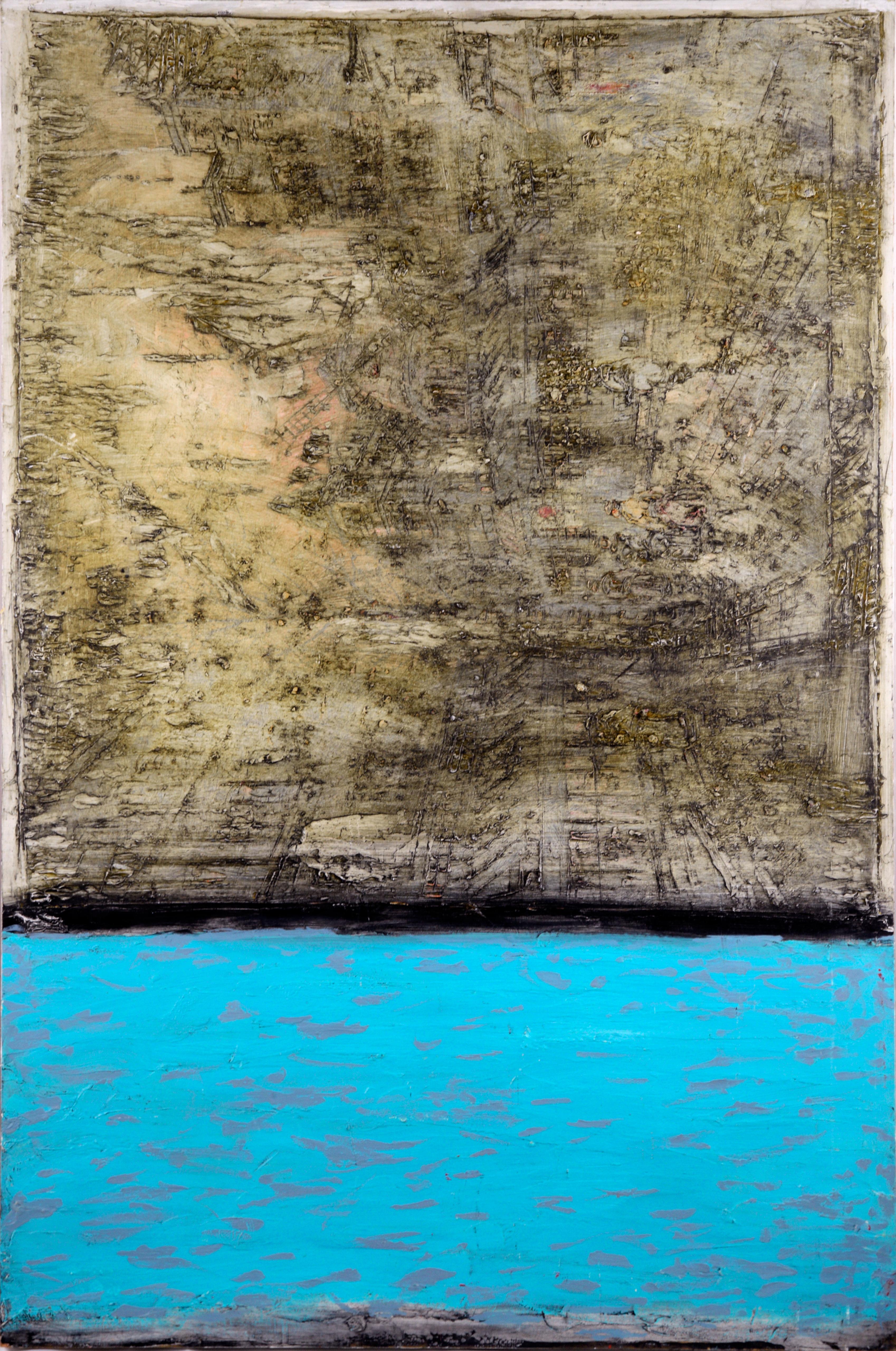 Abstract Painting di Michael Pauker  - "Moulin Rouge", campo di colore contemporaneo acquamarina e grigio bicolore astratto