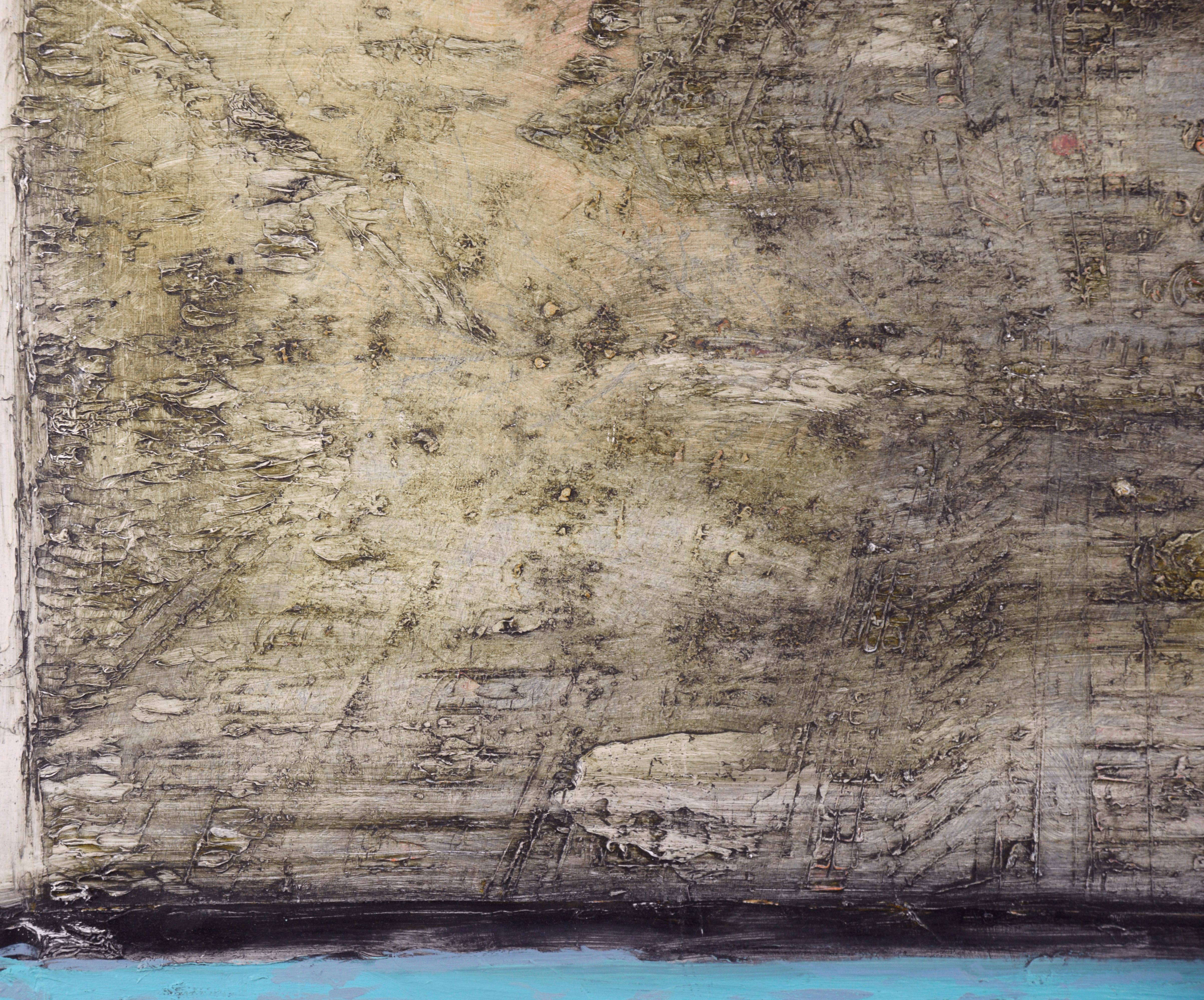 Auffälliges abstraktes Farbfeld-Ölgemälde auf Holzplatte von Michael Pauker (Amerikaner, geb. 1957). Dieses einzigartig strukturierte, zweifarbige, abstrakte Bild ist in Farbfelder aus leuchtendem Aquamarinblau unterteilt, darunter ein Bereich aus
