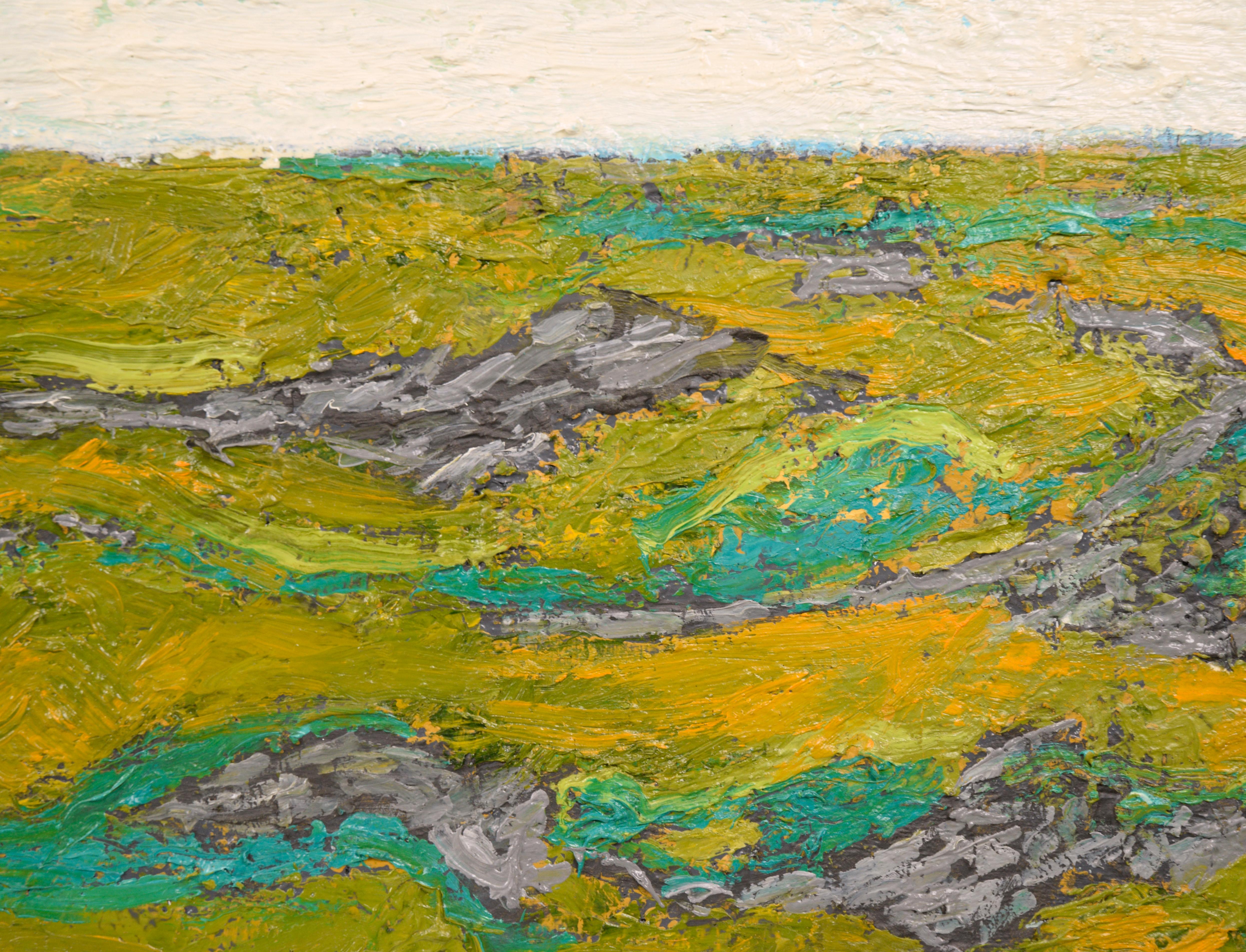 Ein auffälliges, zeitgenössisches, zweifarbiges, abstraktes Bild des Bay Area Künstlers Michael Pauker (Amerikaner, geb. 1957). Ein großer neutral strukturierter Abschnitt in Creme liegt auf einer wellenförmigen Abstraktion in verschiedenen