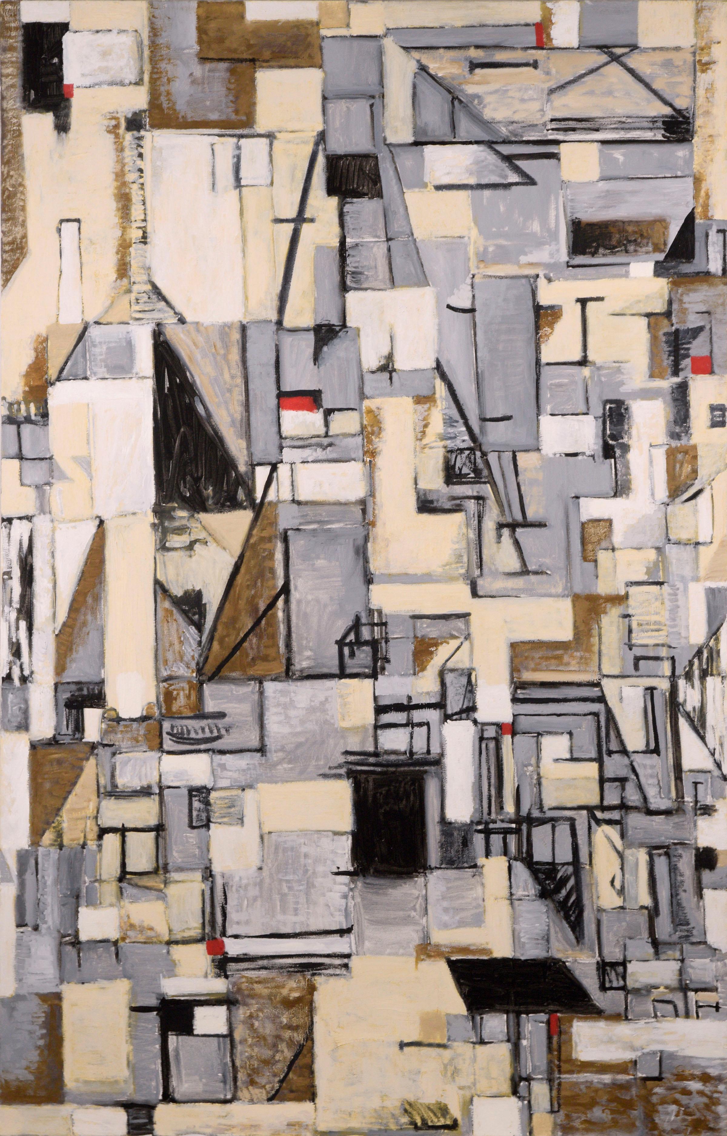 Modern Urban Industrial Cubist Abstract Cityscape in Neutrals with Red 