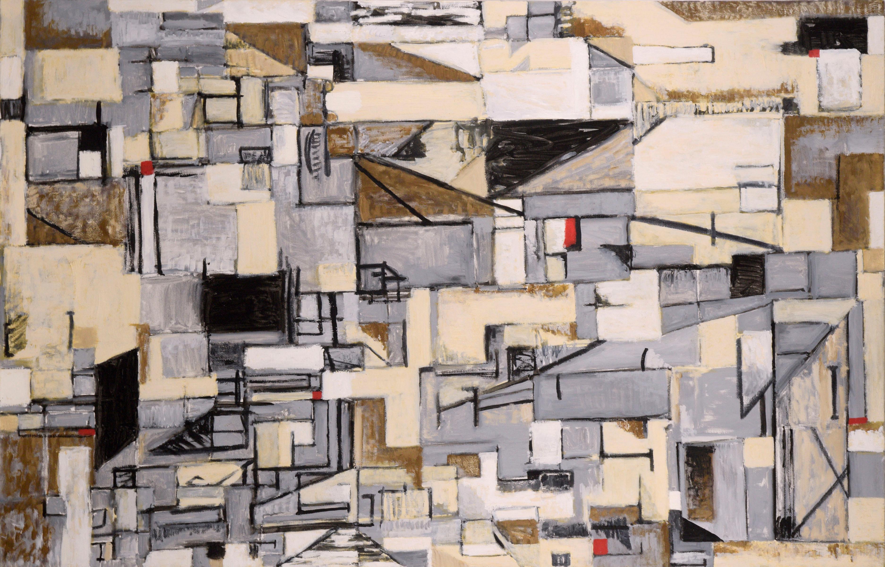 Modern Urban Industrial Cubist Abstract Cityscape in Neutrals with Red  - Painting by Michael Pauker 