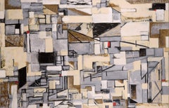 Modern Urban Industrial Cubist Abstract Cityscape in Neutrals with Red