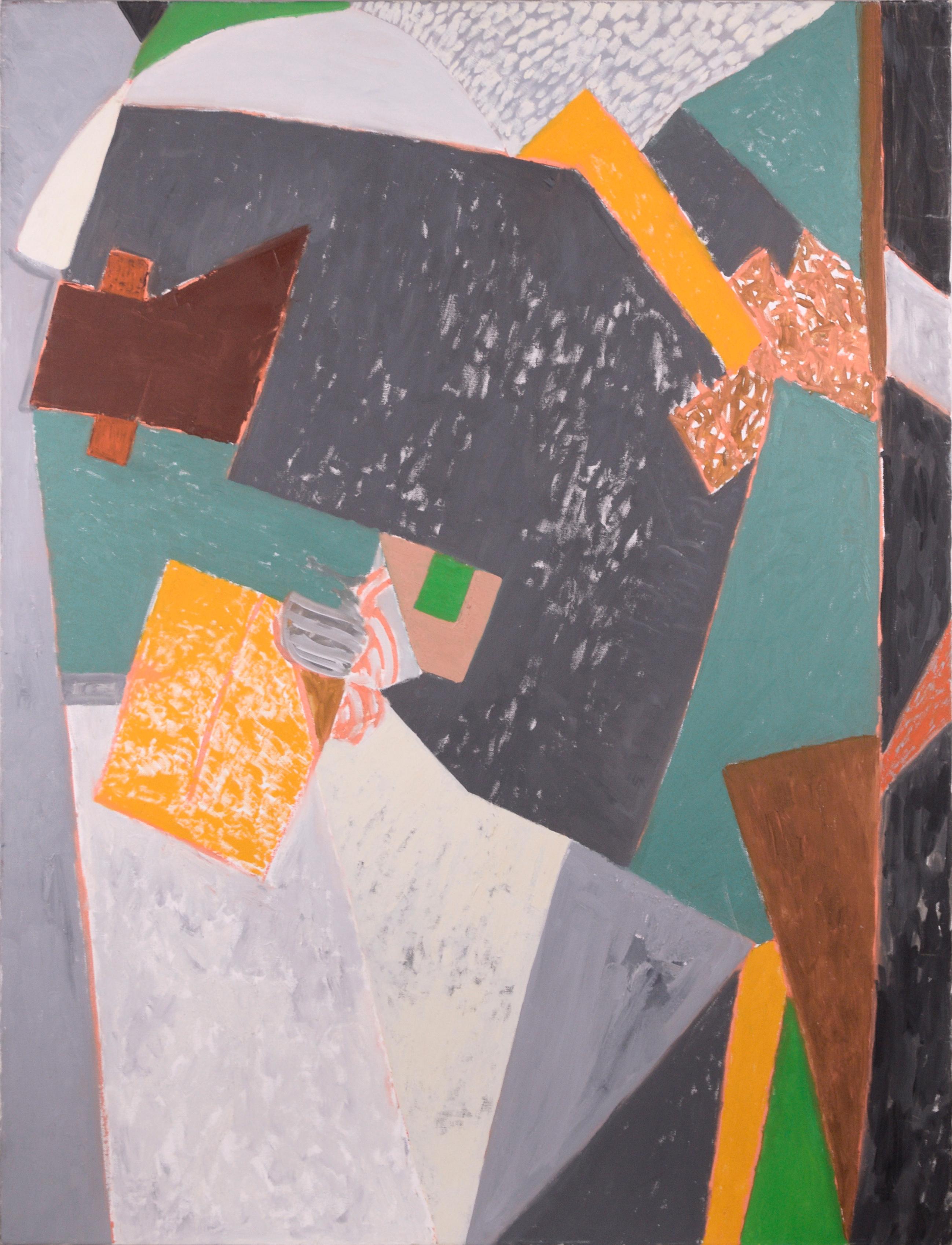 Interior Painting de Michael Pauker  - Abstracto interior cubista contemporáneo a gran escala en gris, verde azulado y amarillo