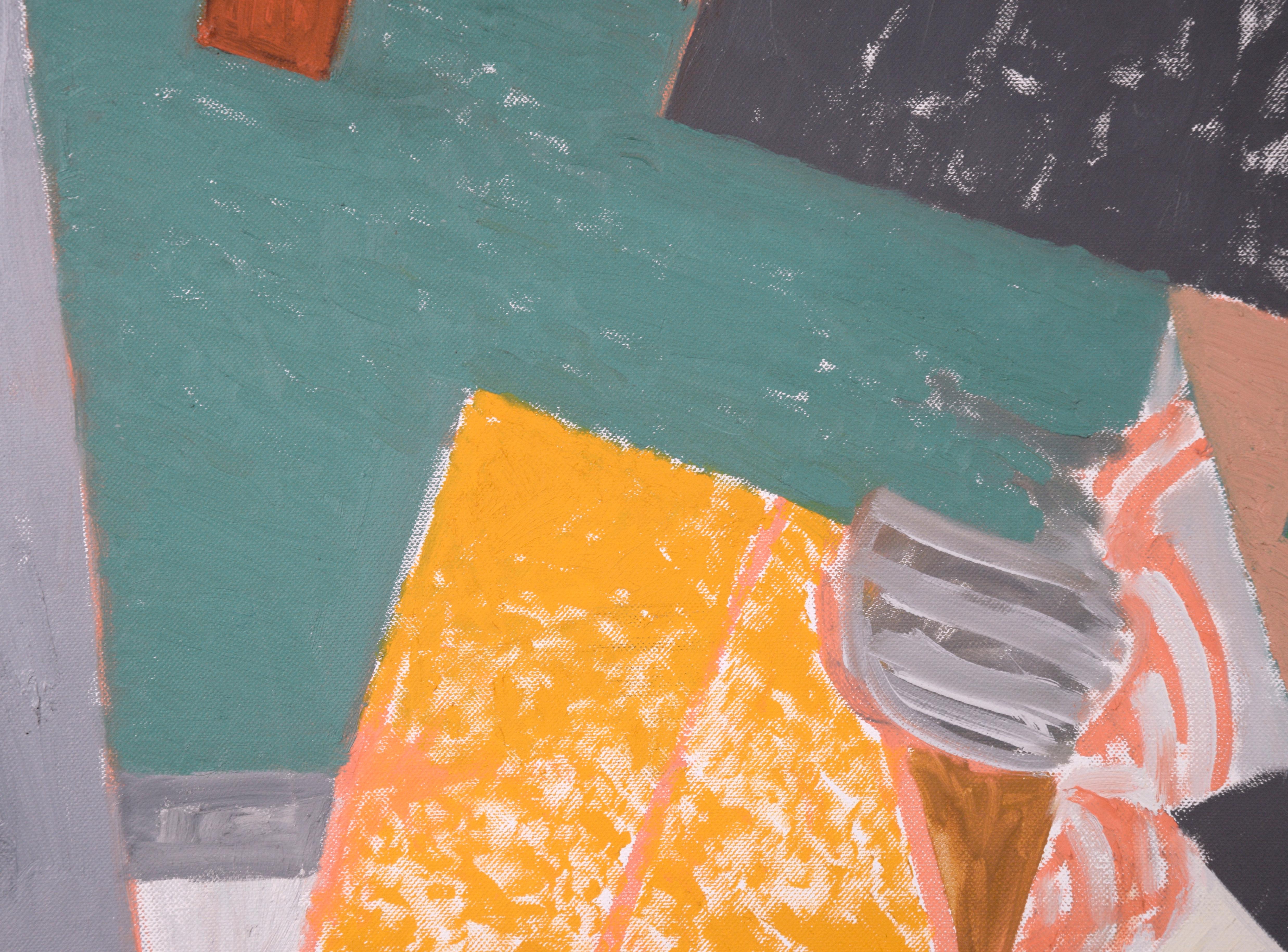 Abstracto interior cubista contemporáneo a gran escala en gris, verde azulado y amarillo - Interior Painting Gris de Michael Pauker 