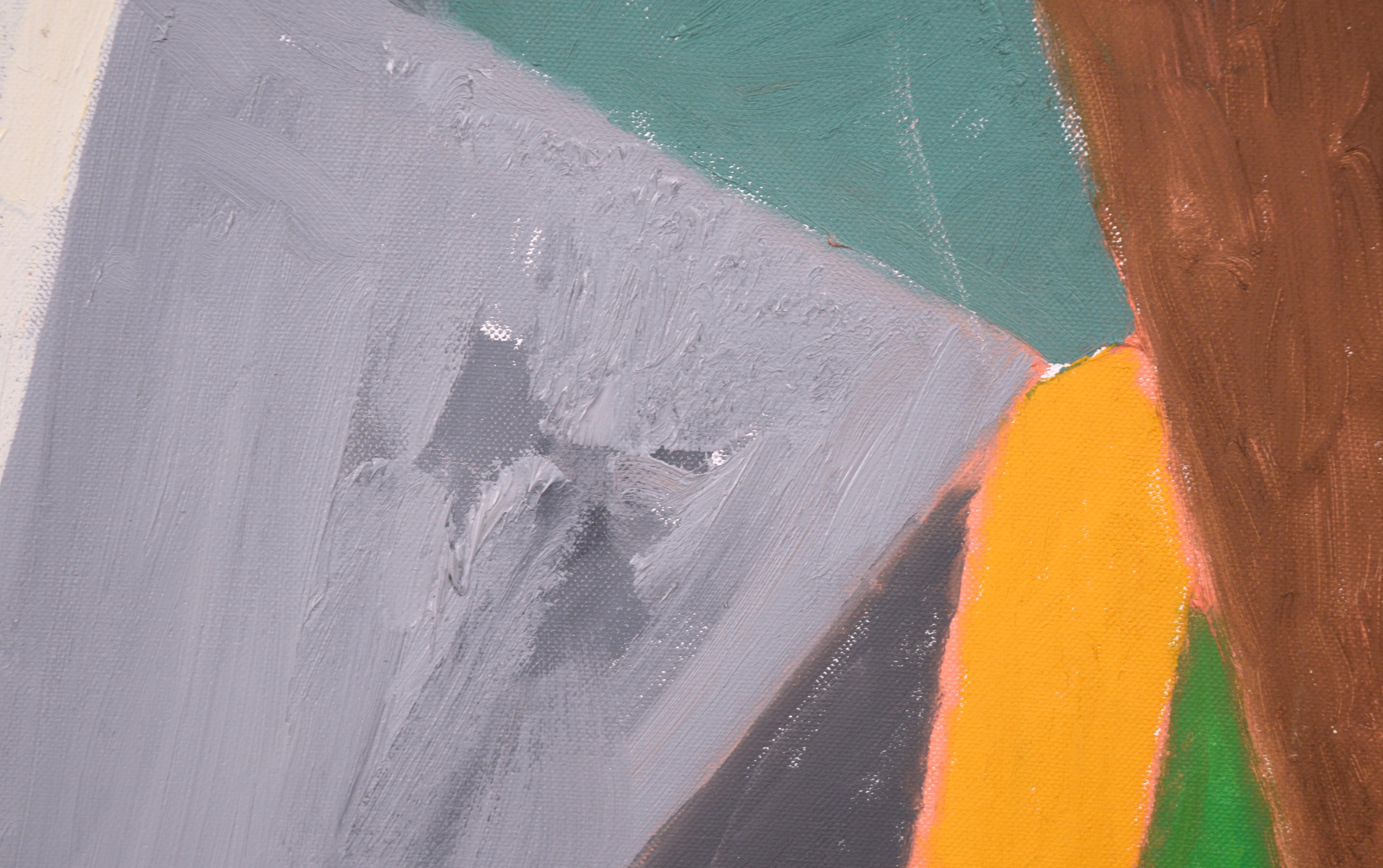 Abstracto interior cubista contemporáneo a gran escala en gris, verde azulado y amarillo en venta 2