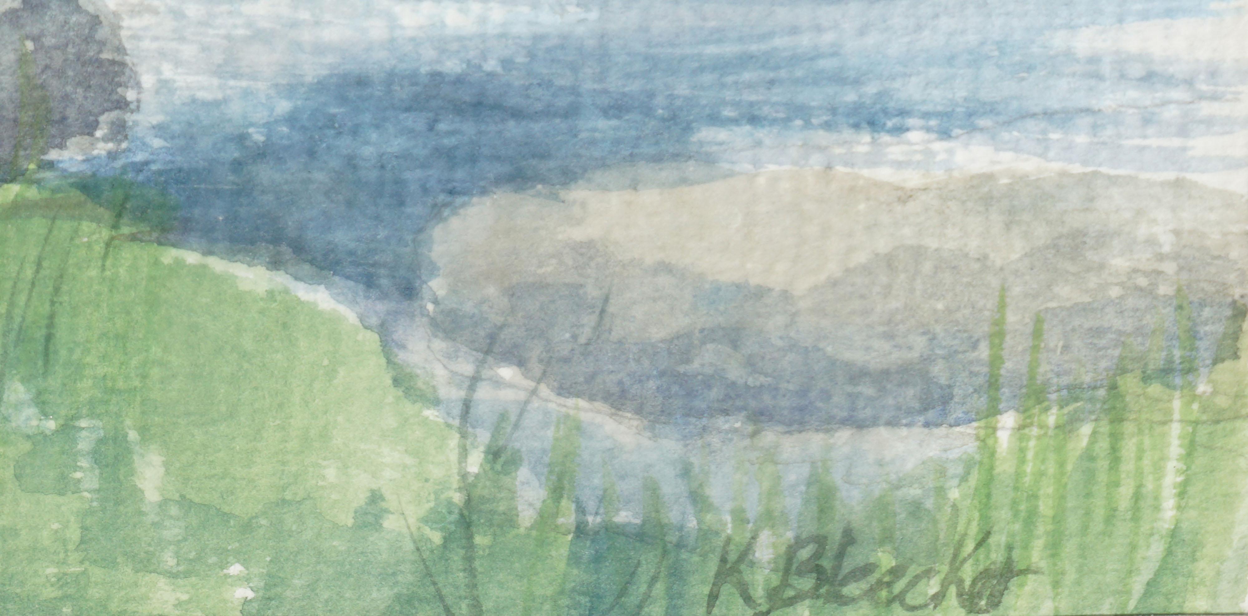 Serene watercolor landscape of a calm blue lake surrounded by trees with clouds reflecting in the water by K. Bleecker (American, 20th Century). Signed 