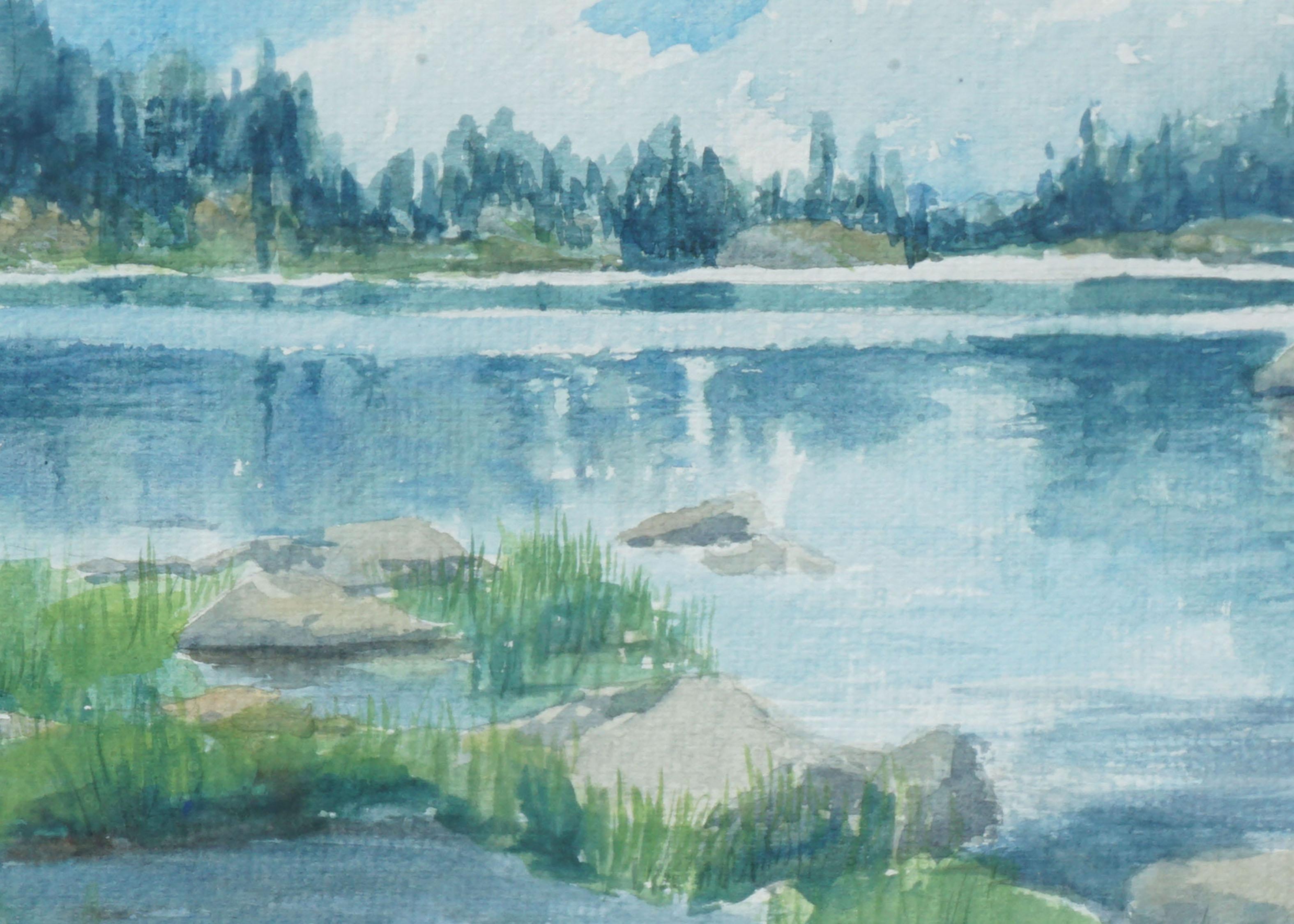 Blue Lake Landscape  - American Impressionist Art by K. Bleecker 