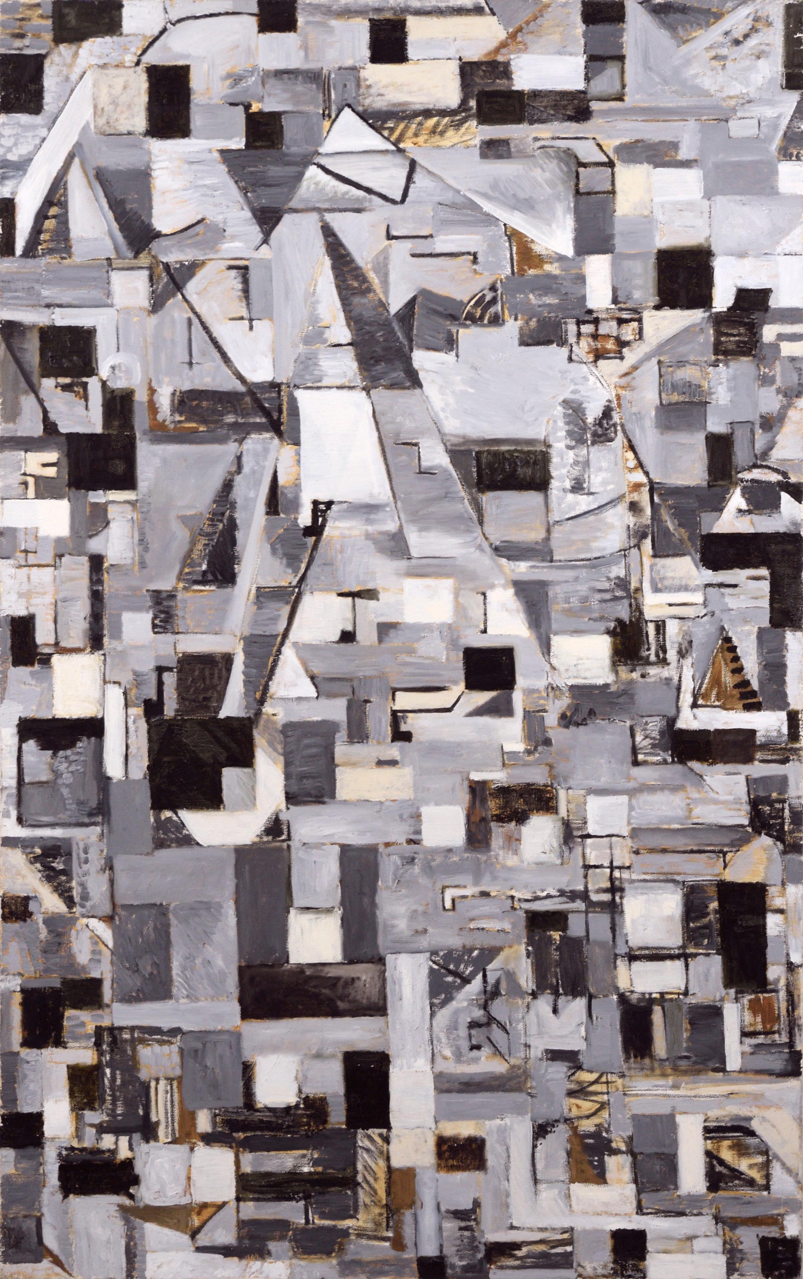 Abstract Painting Michael Pauker  - Abstrait cubiste à l'échelle grise avec des accents bruns