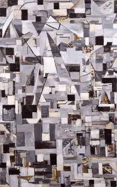 Astratto cubista in scala di grigi con accenti marroni