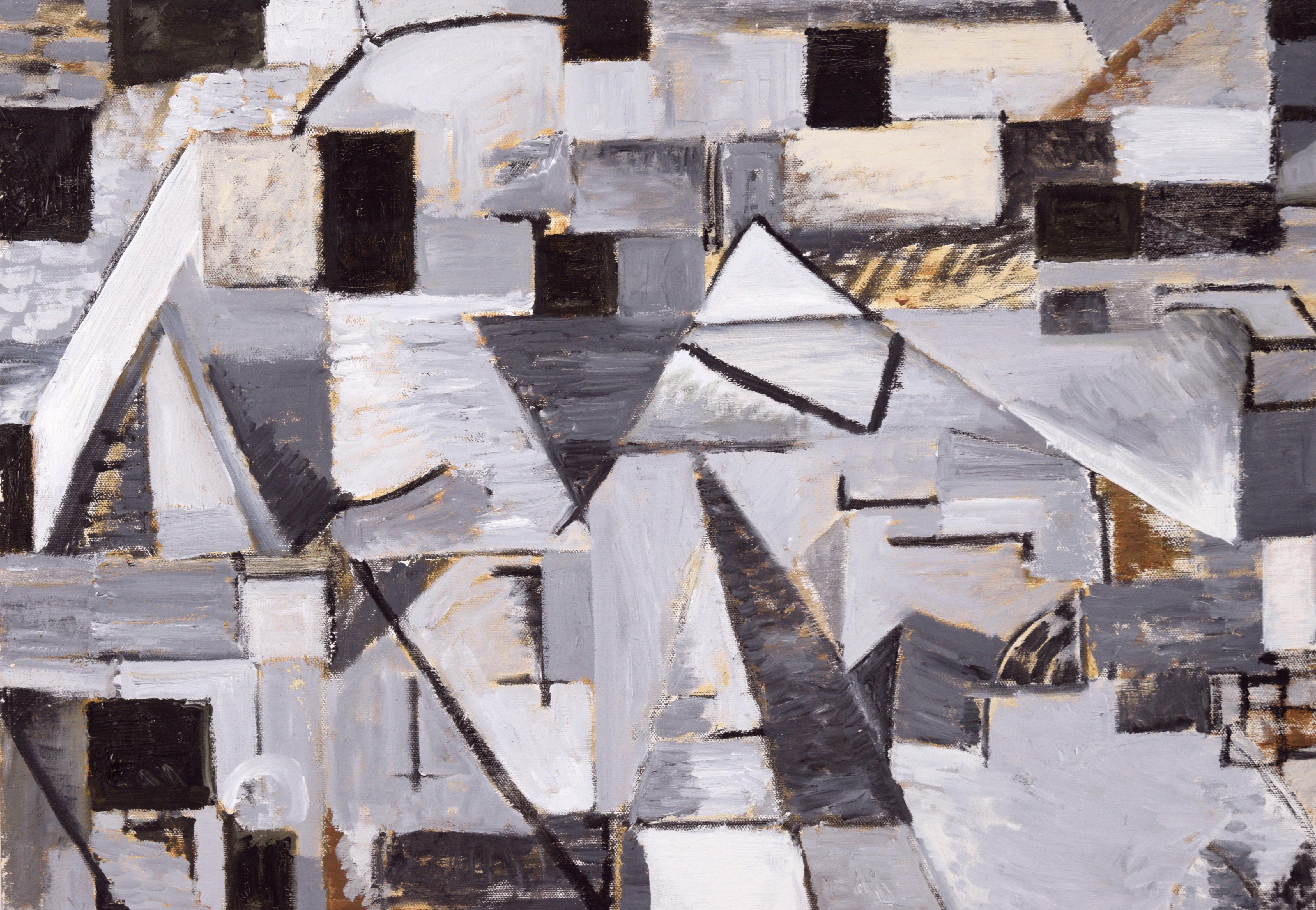 Grayscale Cubist Abstract with Brown Accents - Painting by Michael Pauker 