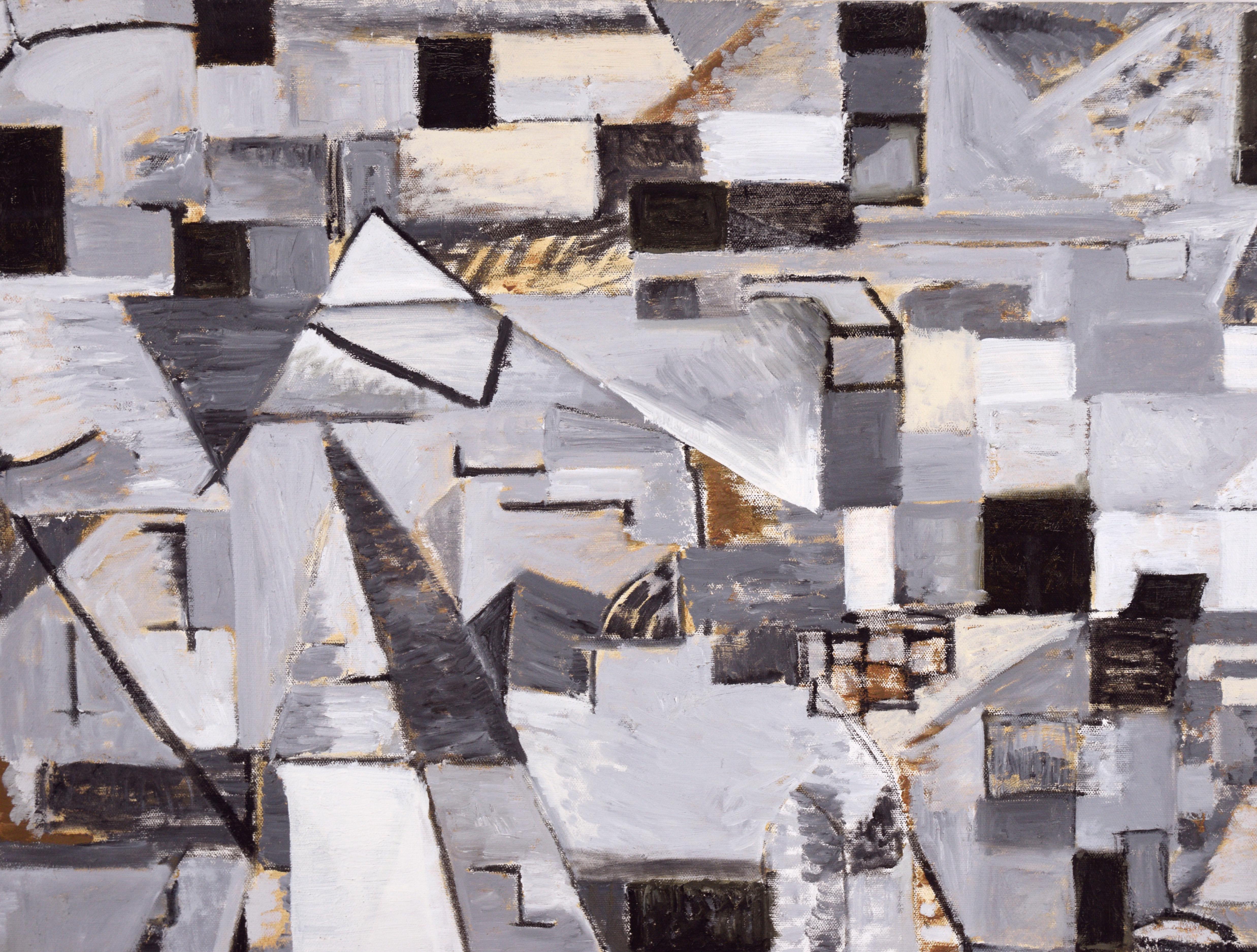 A contemporary industrial grayscale geometric abstract with brown accents by Bay Area artist Michael Pauker (American, b. 1957). Evoking a highly abstracted urban cityscape from above, the composition is made up of a patchwork of tetrised geometric