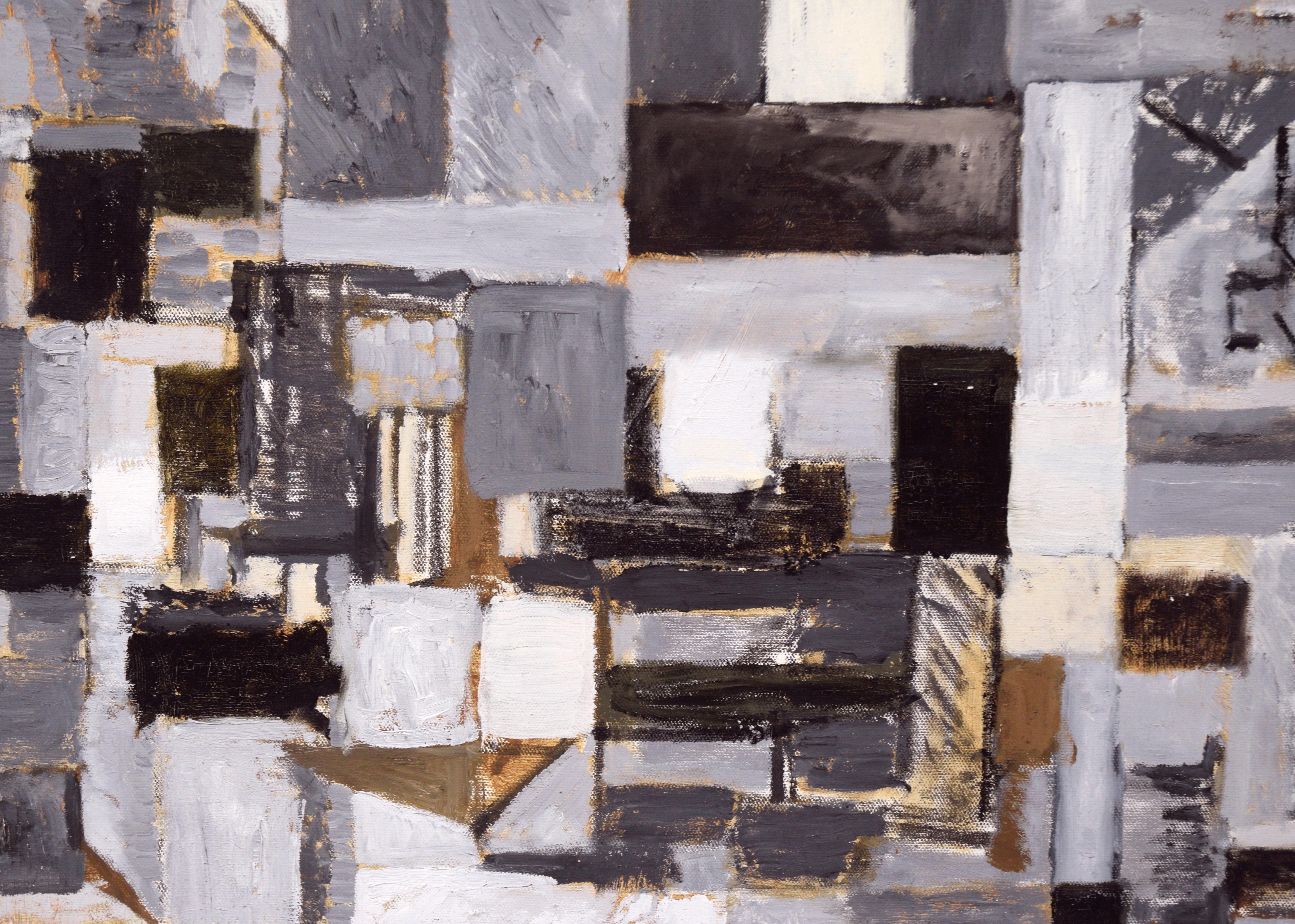 Grayscale Cubist Abstract with Brown Accents For Sale 3