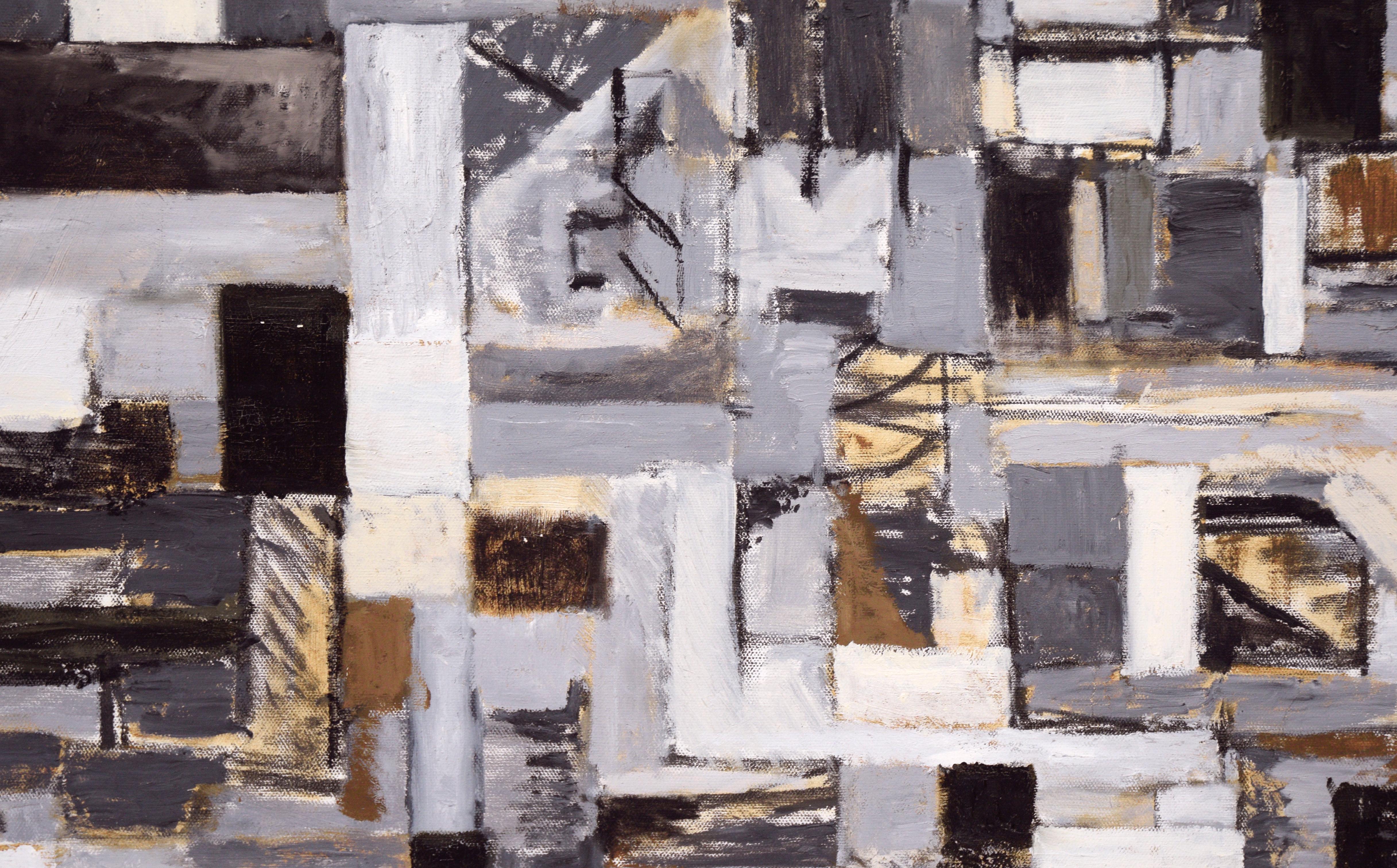 Grayscale Cubist Abstract with Brown Accents For Sale 4