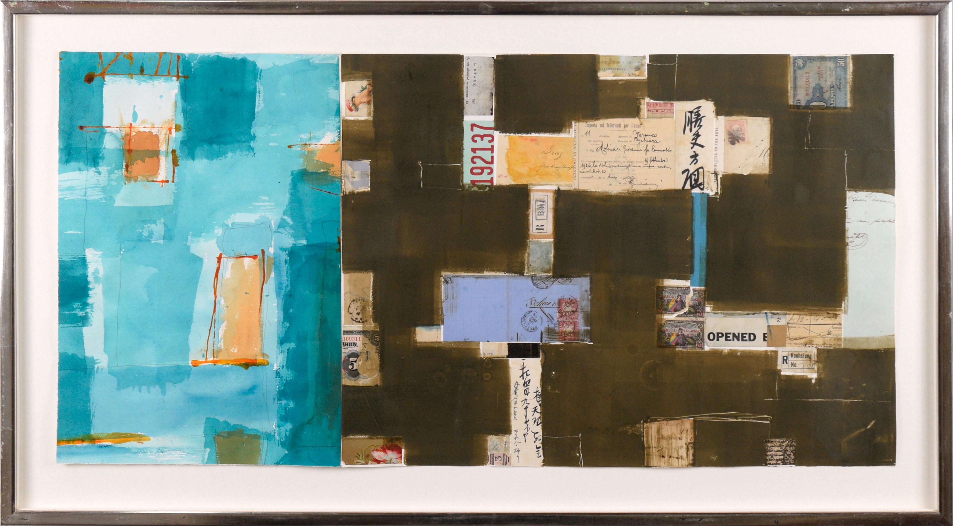 Michael Pauker  Abstract Drawing - "Fabbricati" Monotype with Chine Colle and Watercolor, Aquamarine Blue & Brown