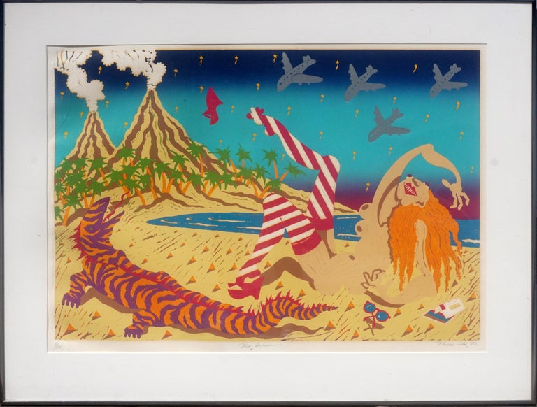 Phoebe Cole Figurative Print - "Blue Lagoon", Whimsical Beach Landscape with Figure, Lizard, Volcanoes & Planes