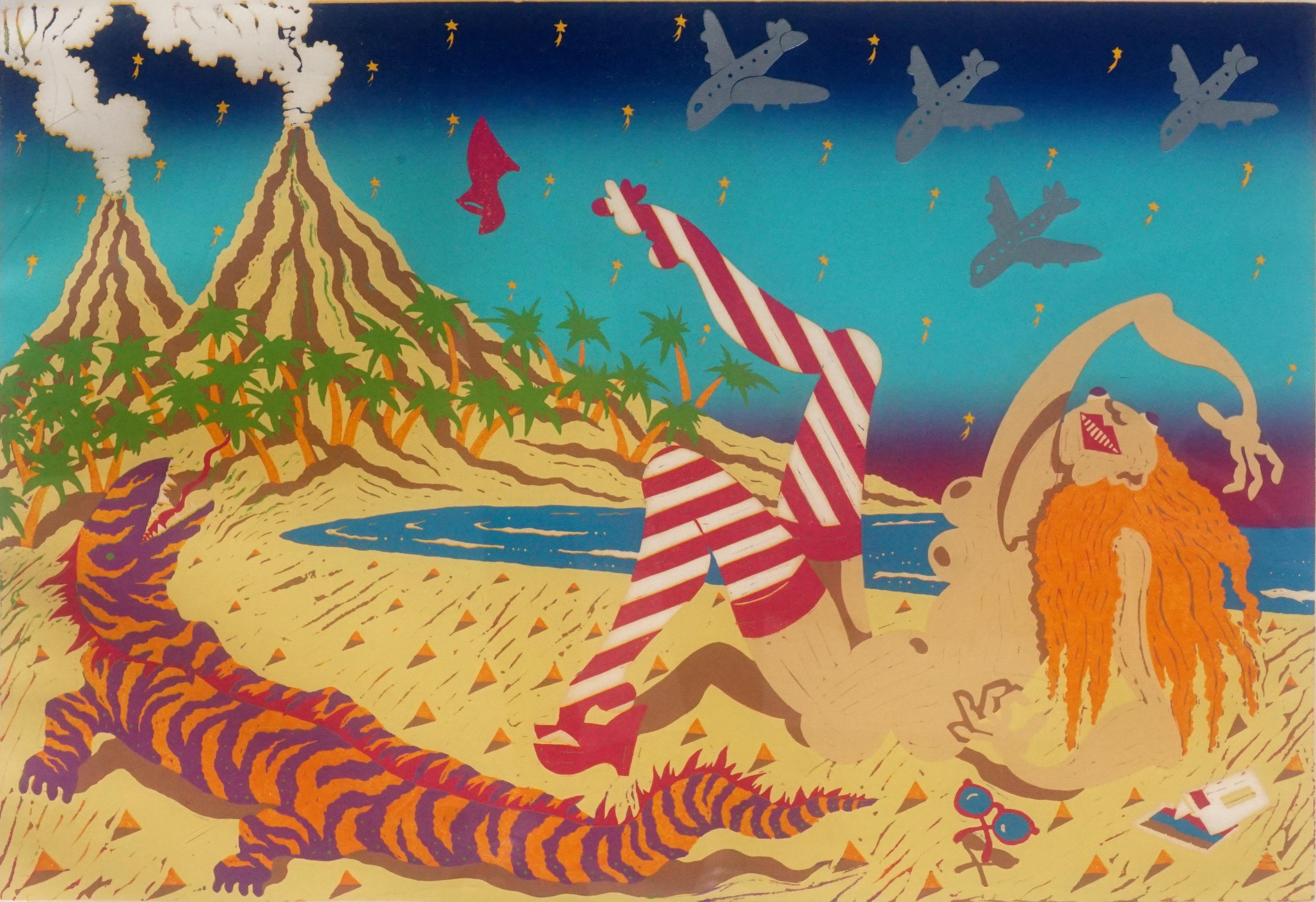 „“Blaue Lagune“, skurrile Strandlandschaft mit Figur, Eidechse, Vulkanen und Flugzeugen – Print von Phoebe Cole