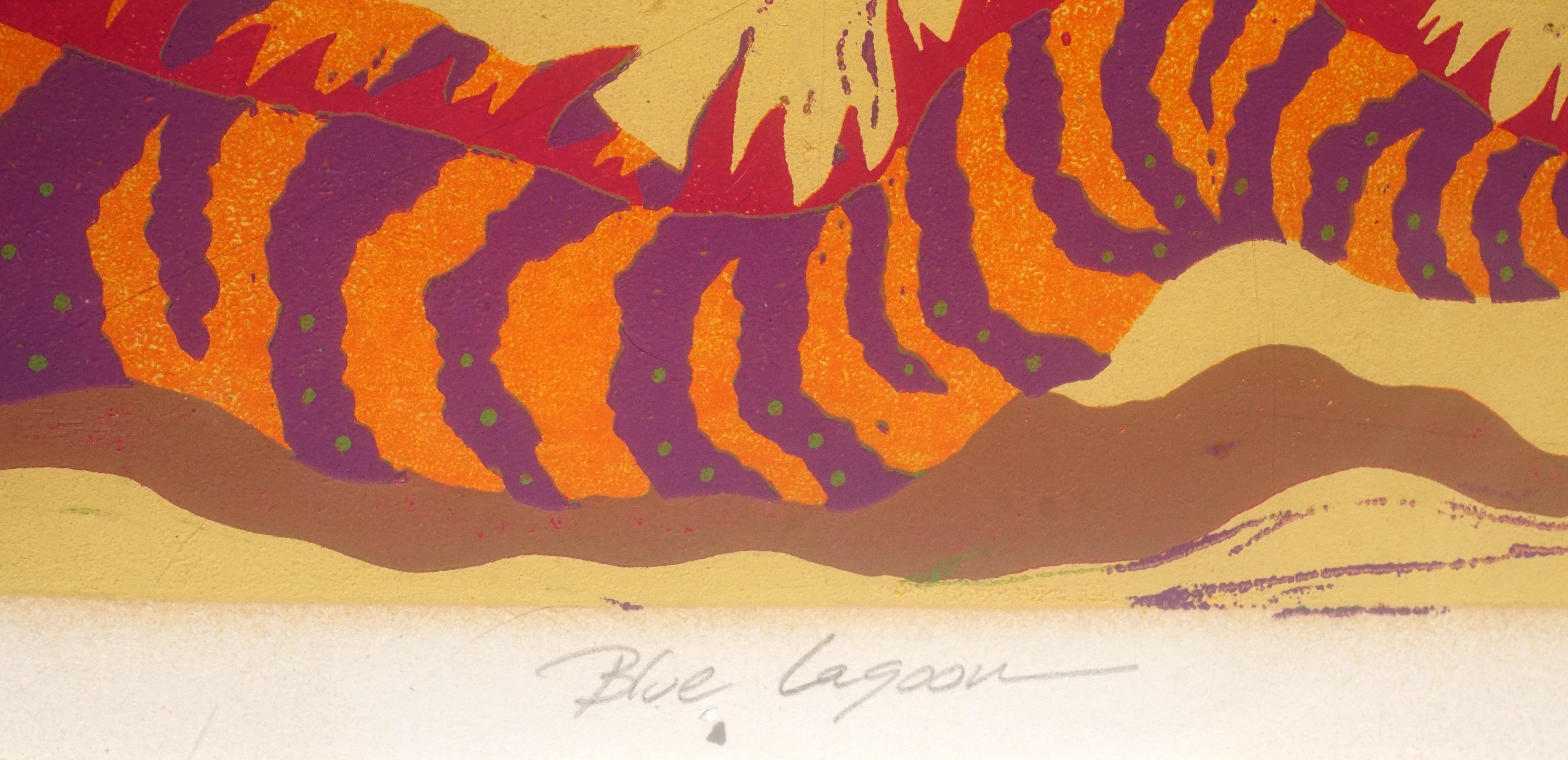 Caprichosa y vivaz serigrafía de edición limitada sobre papel que representa una sonriente figura desnuda descansando en una playa junto a una fantástica iguana de rayas naranjas y moradas, con volcanes en erupción a lo lejos y varios aviones