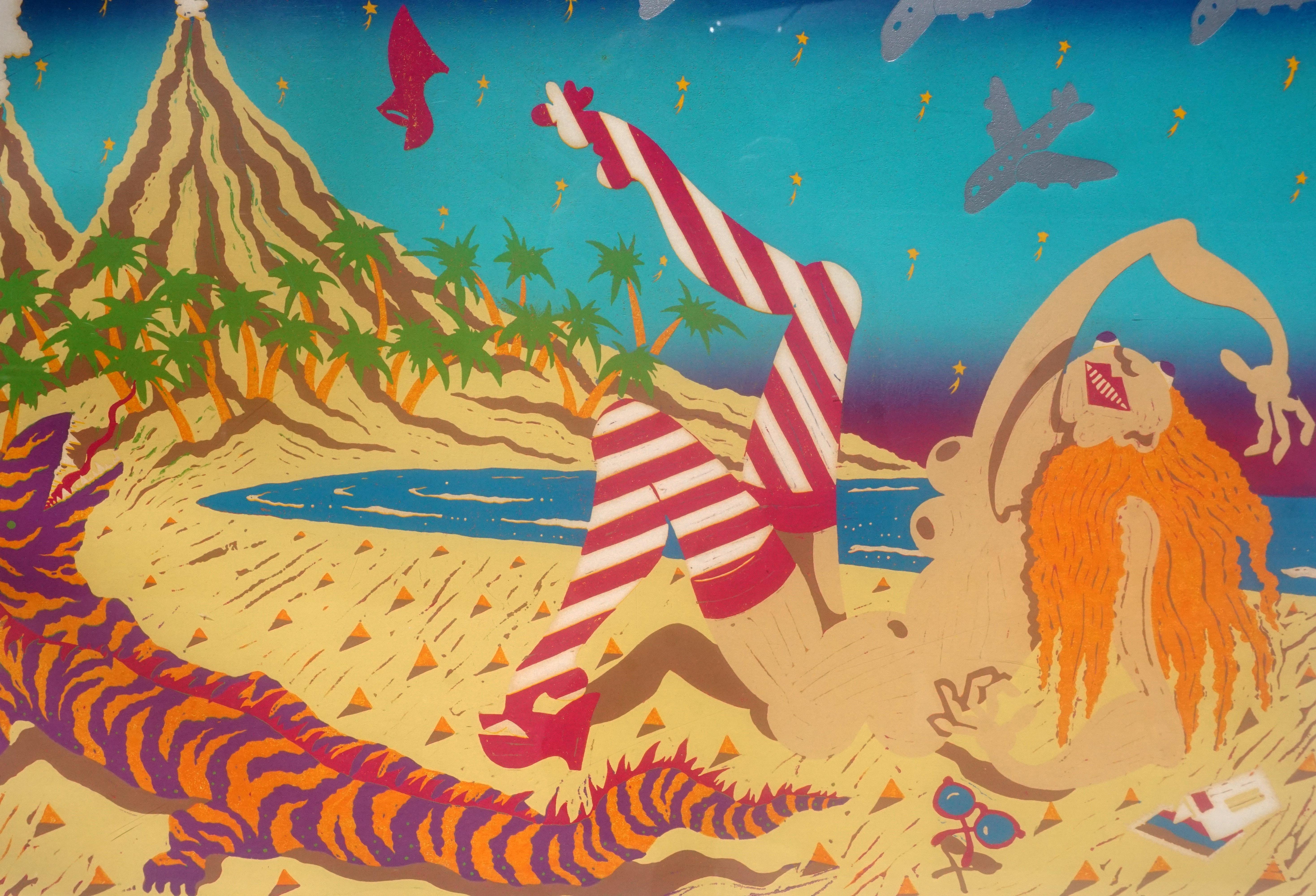 „“Blaue Lagune“, skurrile Strandlandschaft mit Figur, Eidechse, Vulkanen und Flugzeugen (Surrealismus), Print, von Phoebe Cole