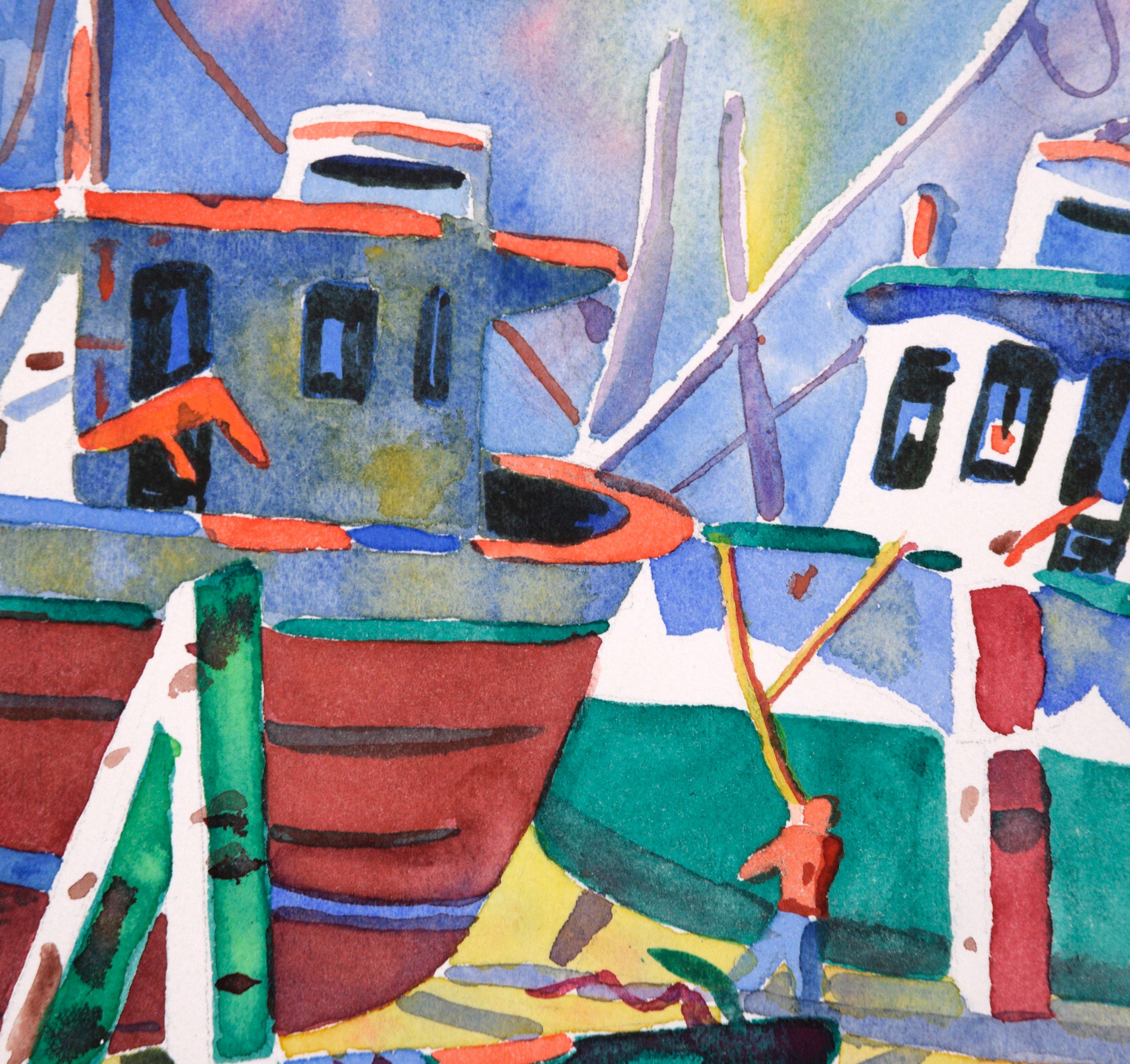 Bright and bold shipyard by an unknown artist. Presented in a new cream mat. Paper size: 10.25