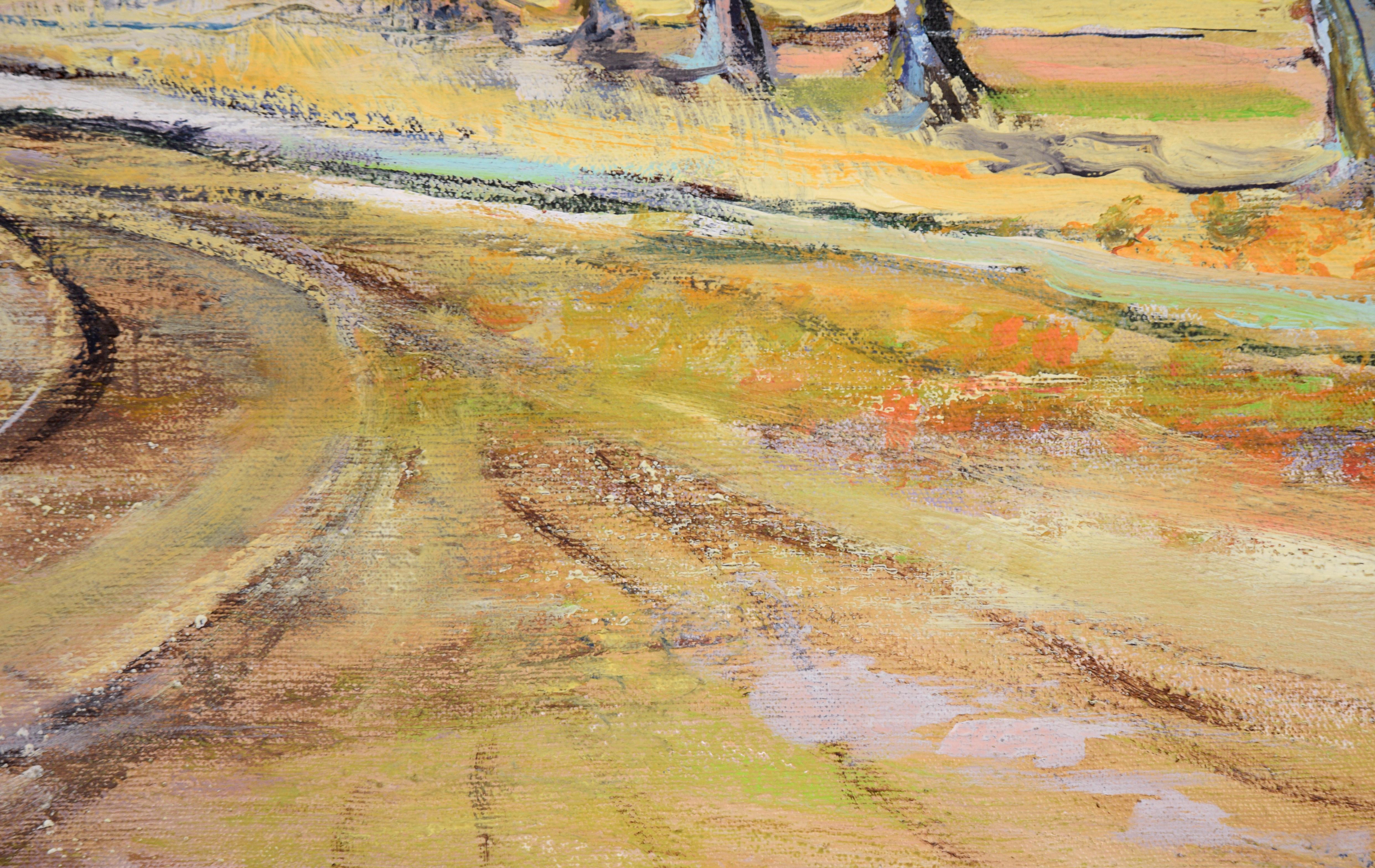 Landscape of a road approaching a farmhouse by notable California artist Tom Olson (American, b. 1927). Signed and dated in the lower left corner. Presented in a wood frame with linen liner. Canvas size: 24