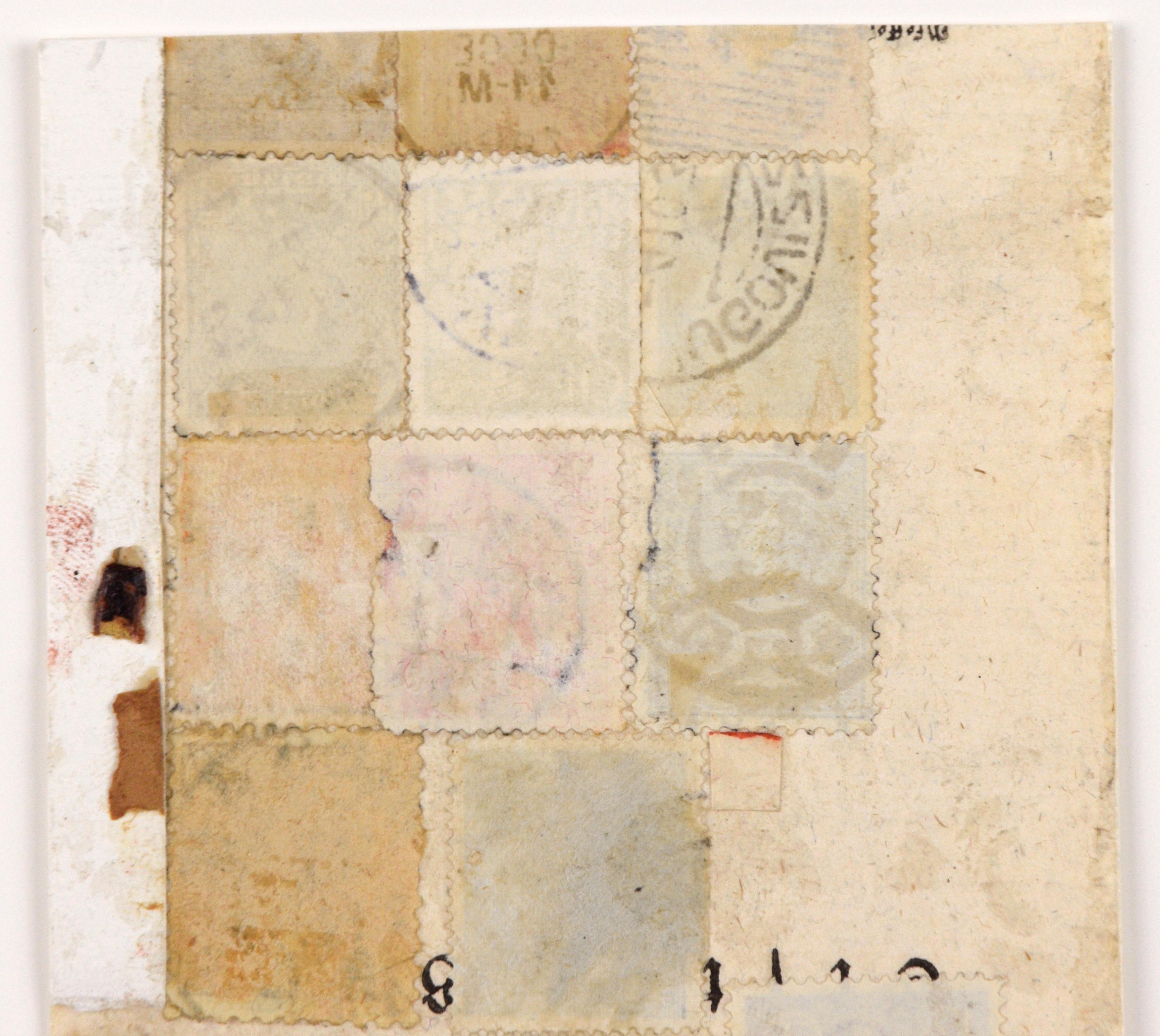 Contemporary miniature mixed media paper and found object vintage stamp collage by Michael Pauker (American, b. 1957). Unsigned, but was acquired with a collection of the artist's work. Numbered and titled 