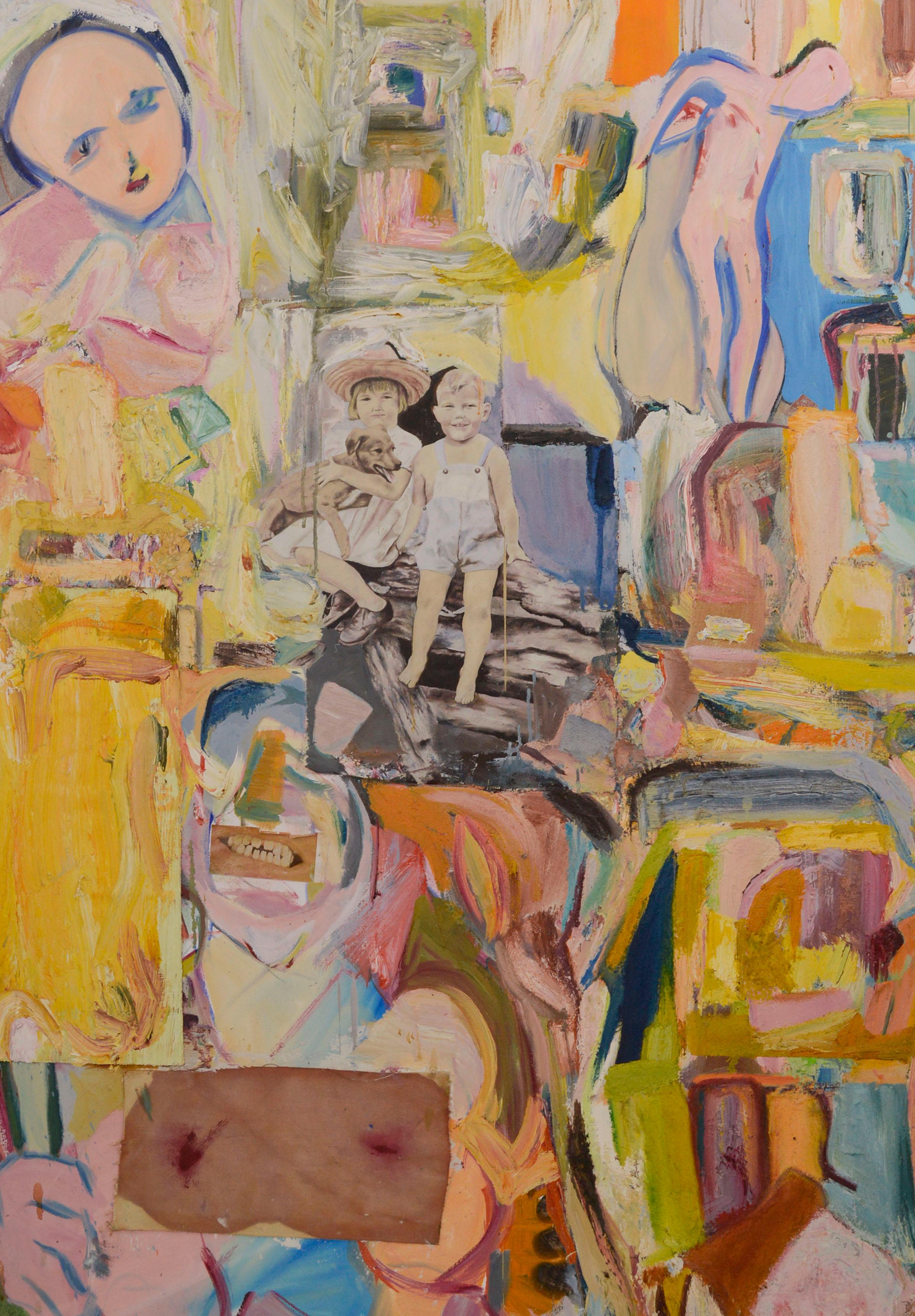 Rosa abstrakt-expressionistische Figurative Komposition mit Collage, großformatig, zeitgenössisch – Painting von Michael Pauker 