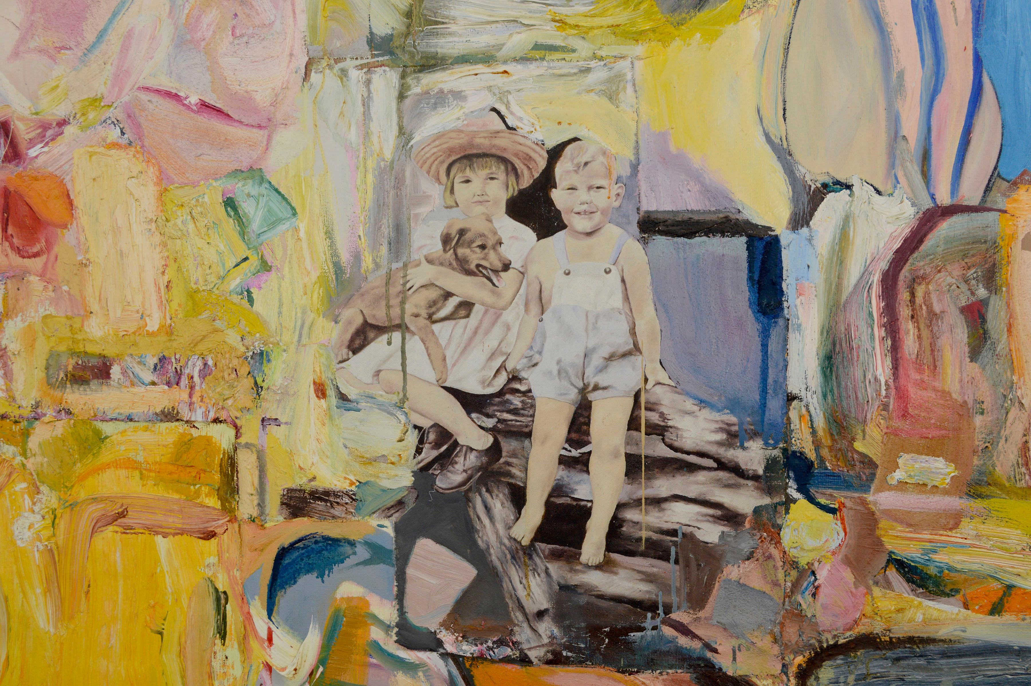 Figuratif expressionniste abstrait rose avec collage, contemporain à grande échelle - Expressionnisme abstrait Painting par Michael Pauker 
