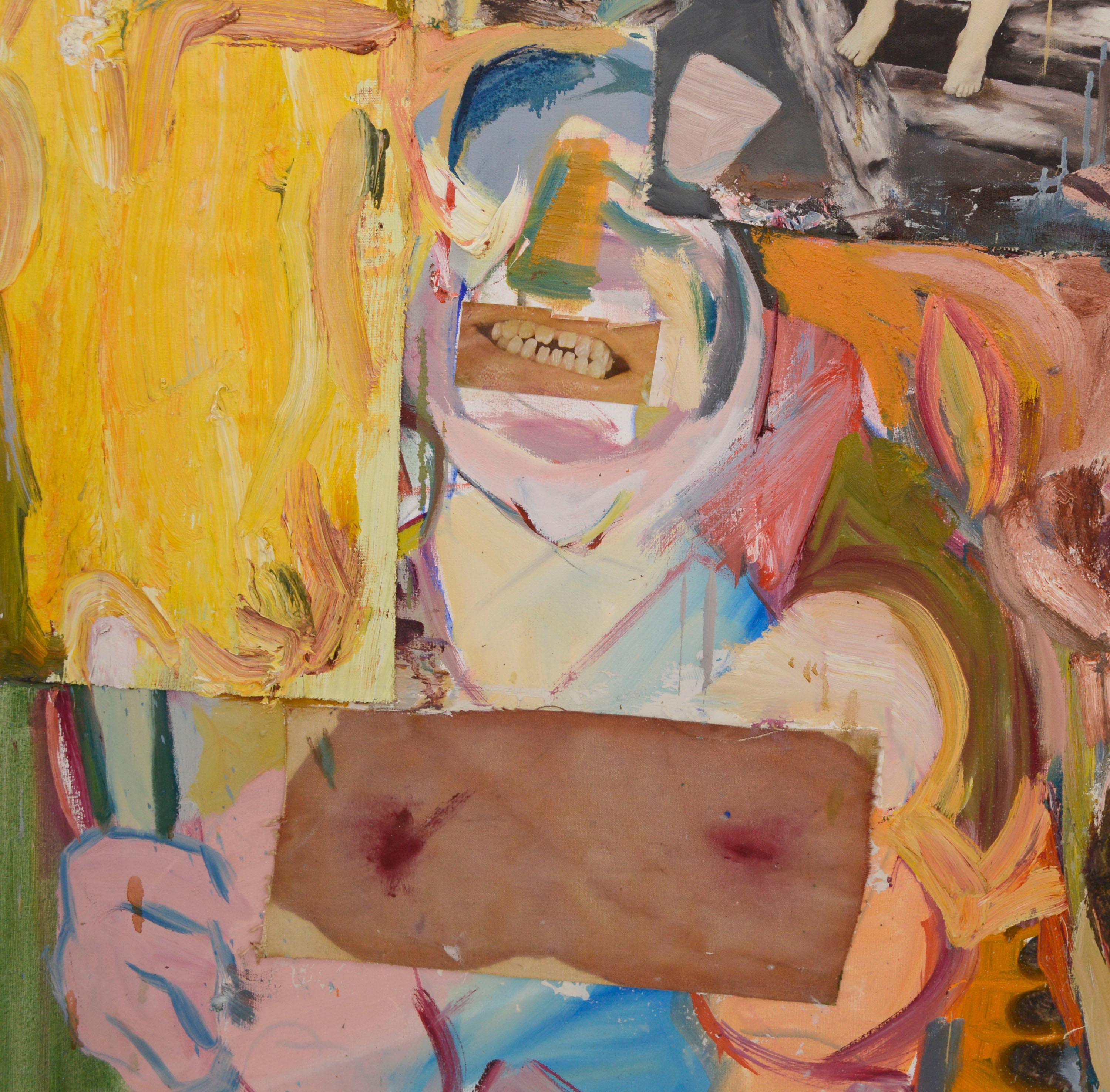 Figuratif expressionniste abstrait rose avec collage, contemporain à grande échelle - Marron Abstract Painting par Michael Pauker 