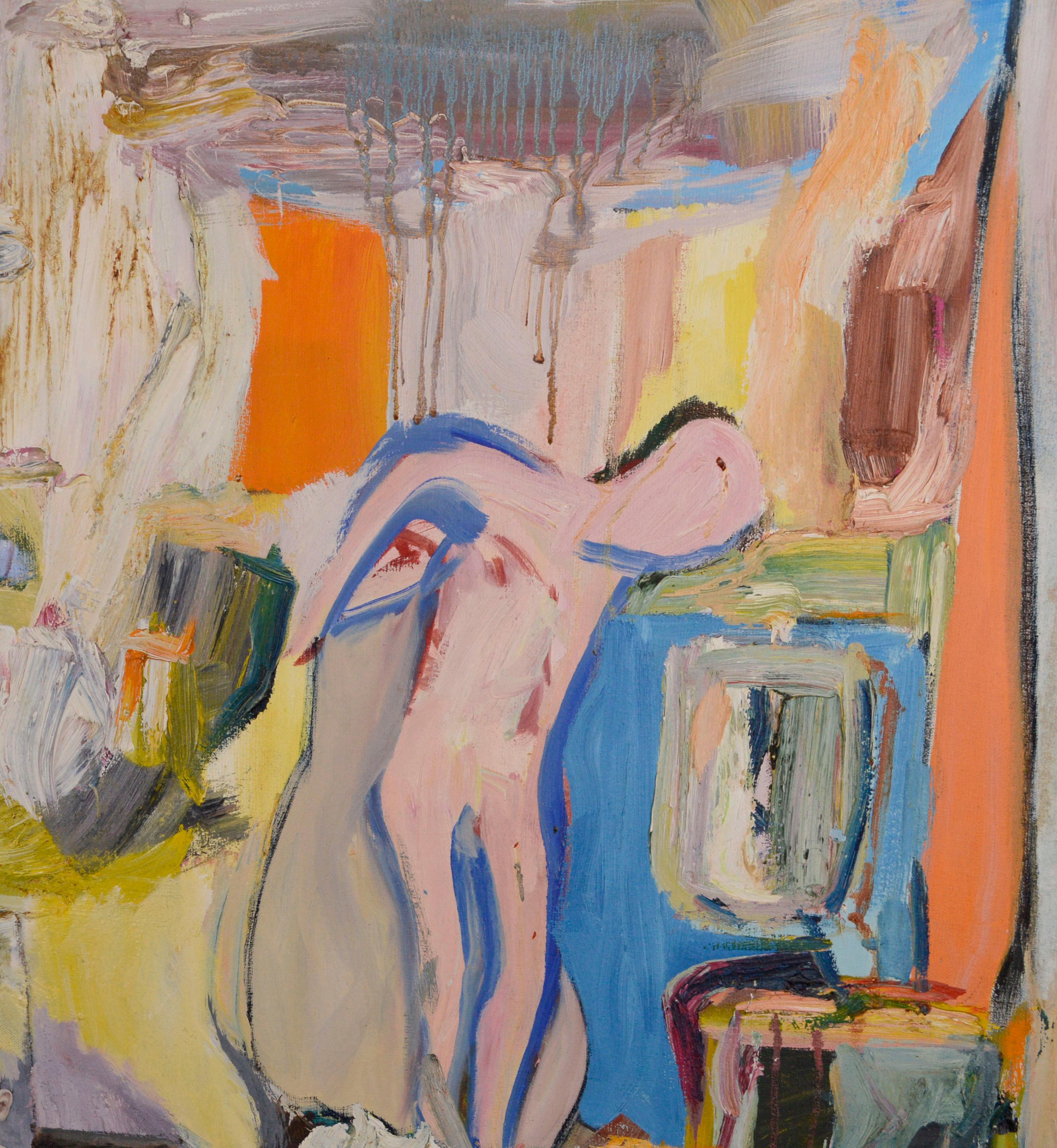 Figuratif expressionniste abstrait rose avec collage, contemporain à grande échelle en vente 1