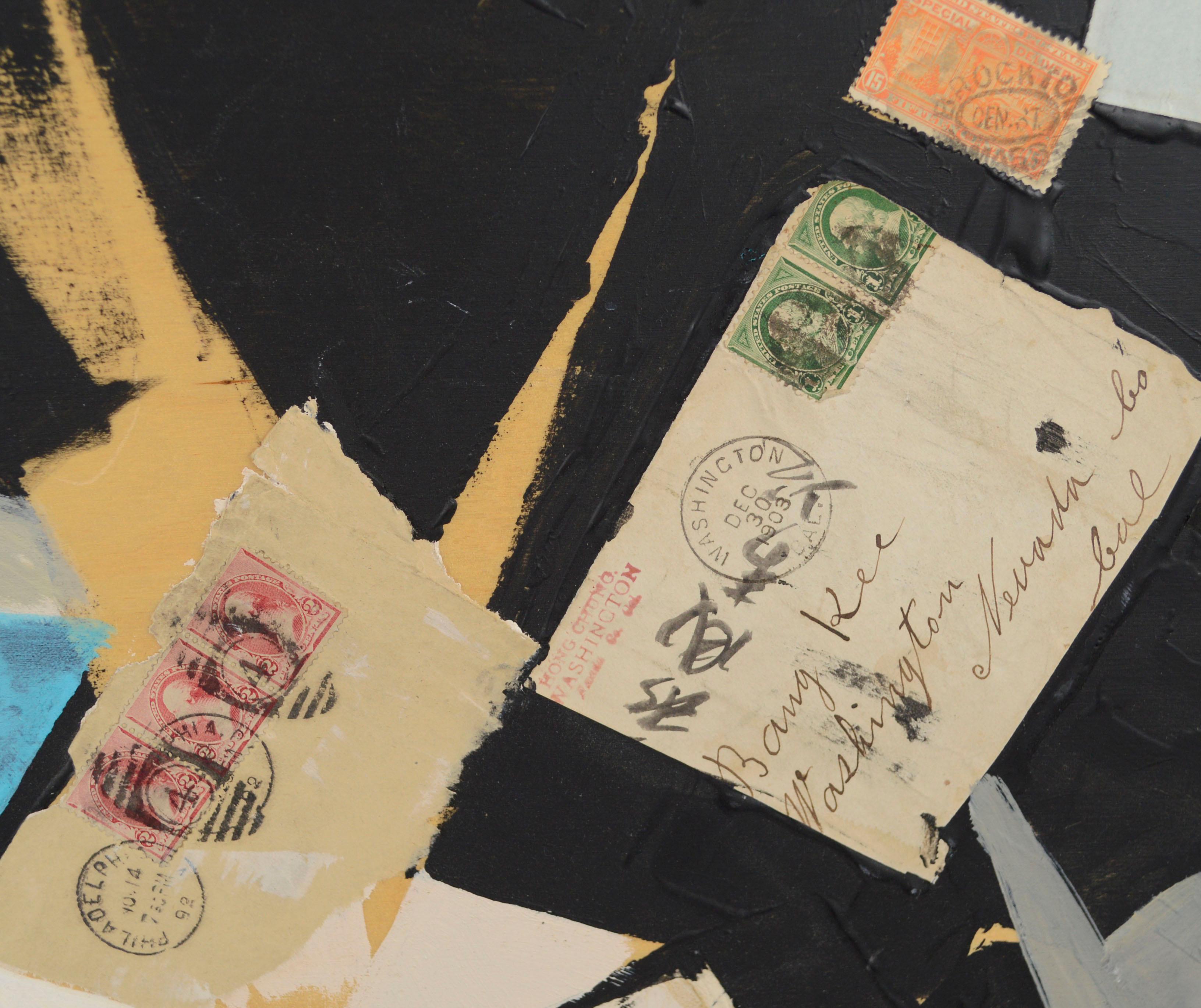 A unique contemporary abstract expressionist painting with collaged found object elements, including a torn page from Robinson Crusoe, vintage stamps, and old letters by Bay Area artist Michael Pauker (American, b.1957). Titled 