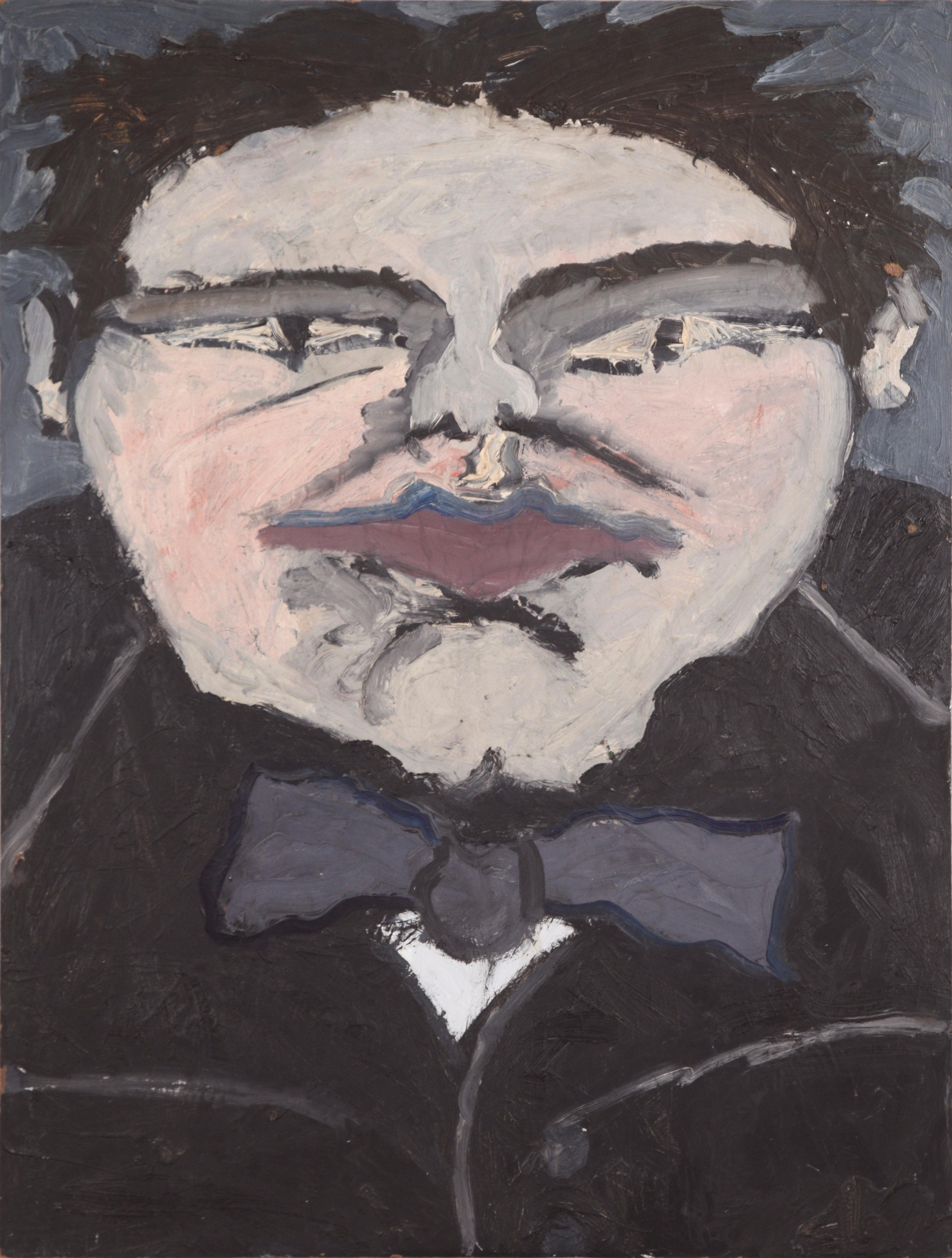 Vintage Expressionist Portrait of a Man with a Bowtie Oil on Wood
