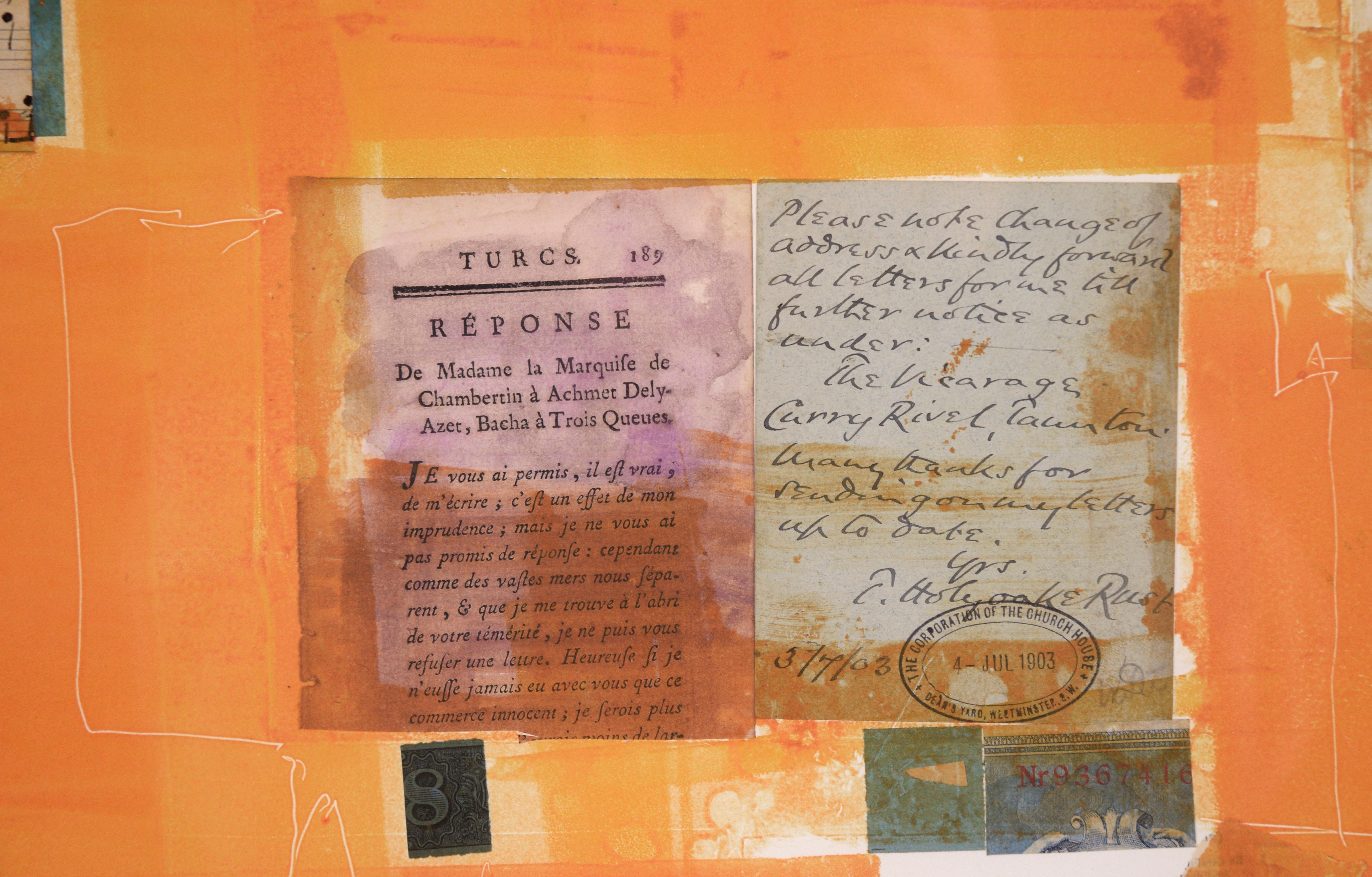 A vibrant contemporary teal and orange painting (Monotype) and found object collage composition of stamps, money, various types of paper, and watercolor by Michael Pauker (American, b. 1957). Signed in the lower right corner with the artist's
