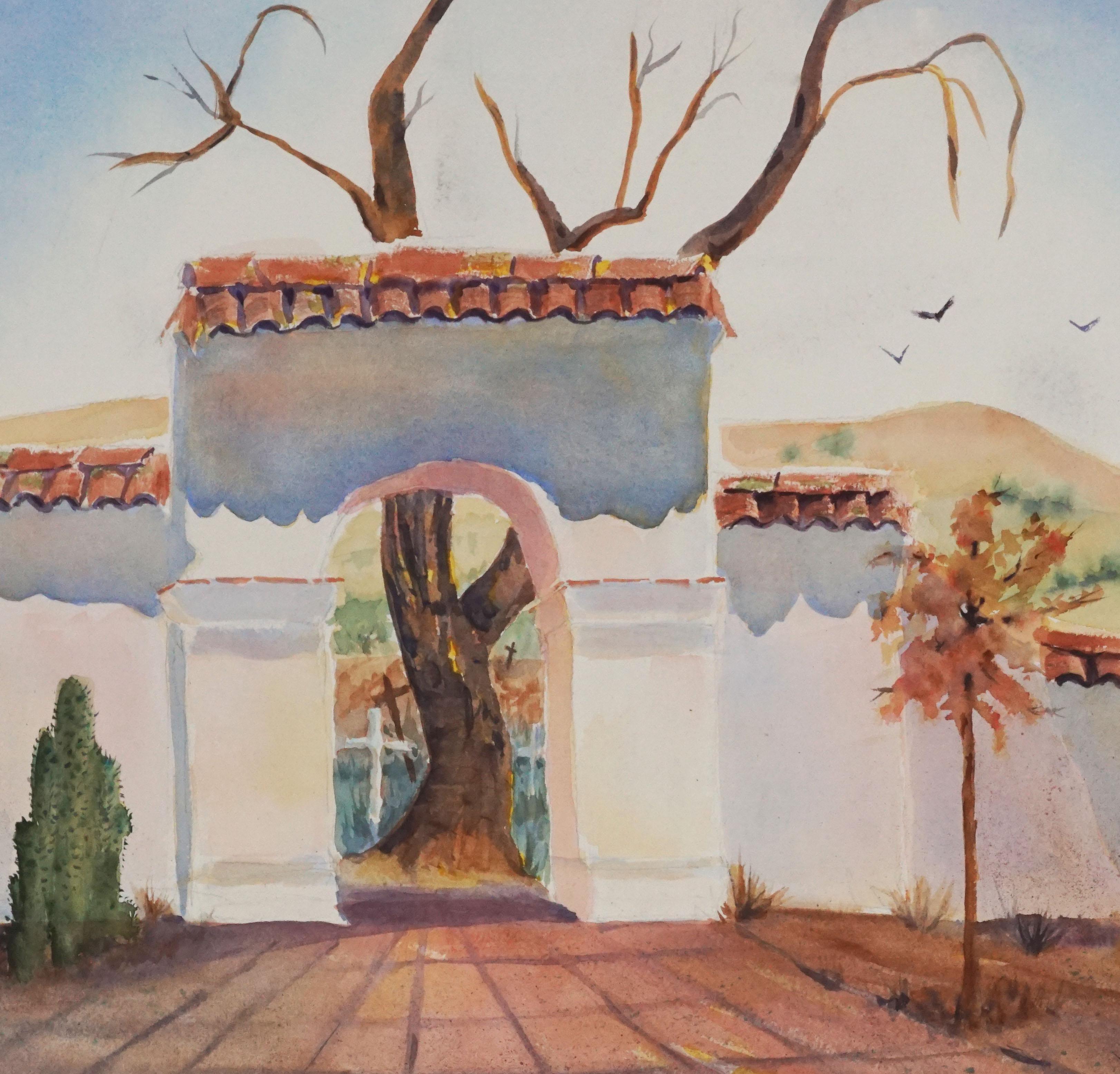 Santa Cruz Mission- Double Sided Watercolor By Lillie Heebner - Painting by Lillie E. Heebner