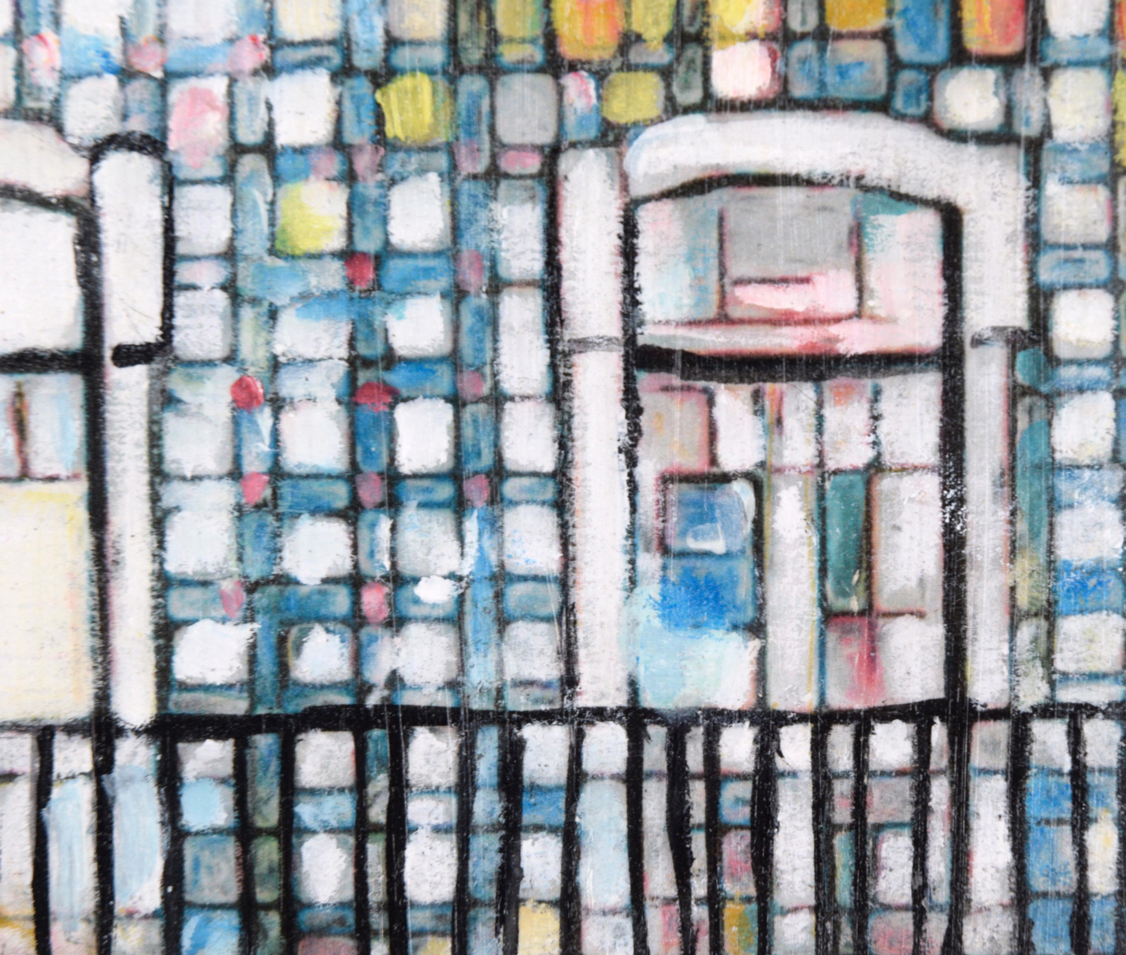 Vibrant depiction of windows with balconies by Ana Doolin (Portuguese, b. 1961). Signed 