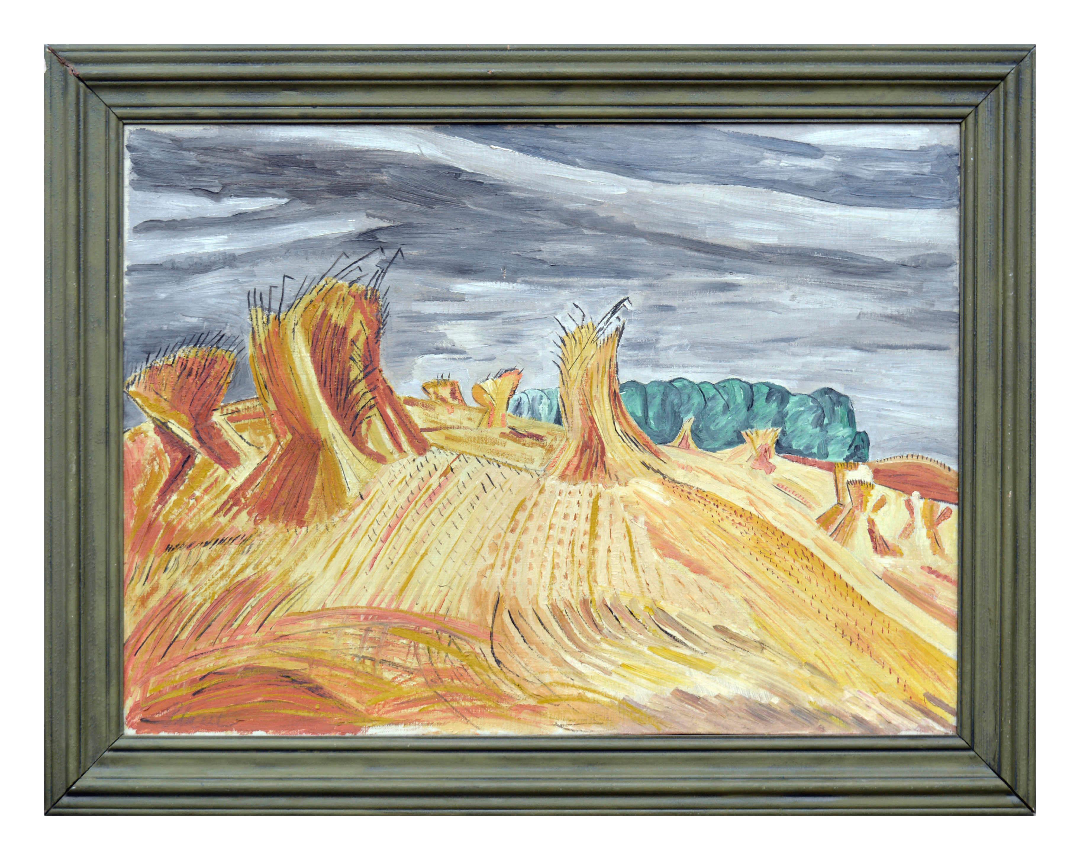 Eleanor Walls Plau (Plaw)  Landscape Painting - Modernist Wheat Sheaves Landscape