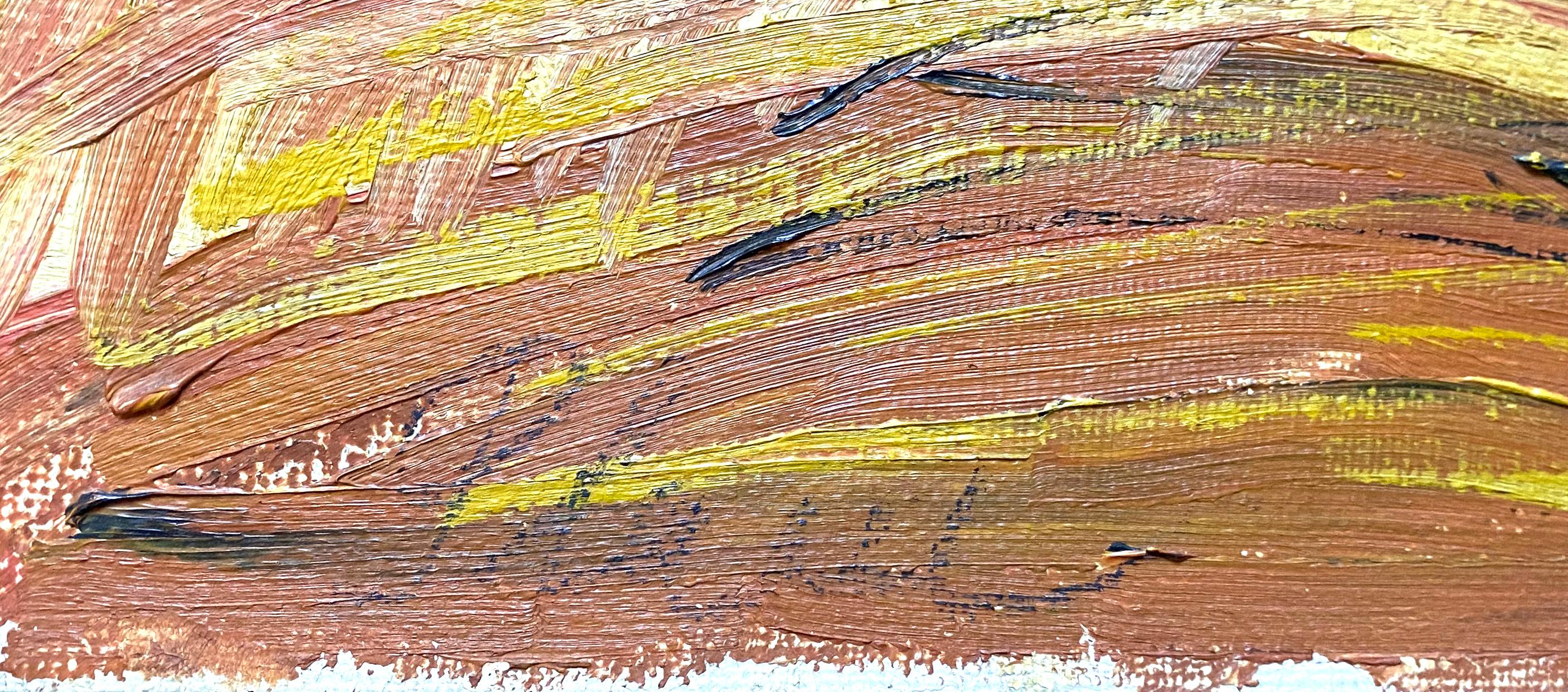 Merveilleux paysage de gerbes de blé aux accents modernistes d'Eleanor Walls Plau (Plaw) (Américaine, 1878-1954).Cadre en bois. Signé 