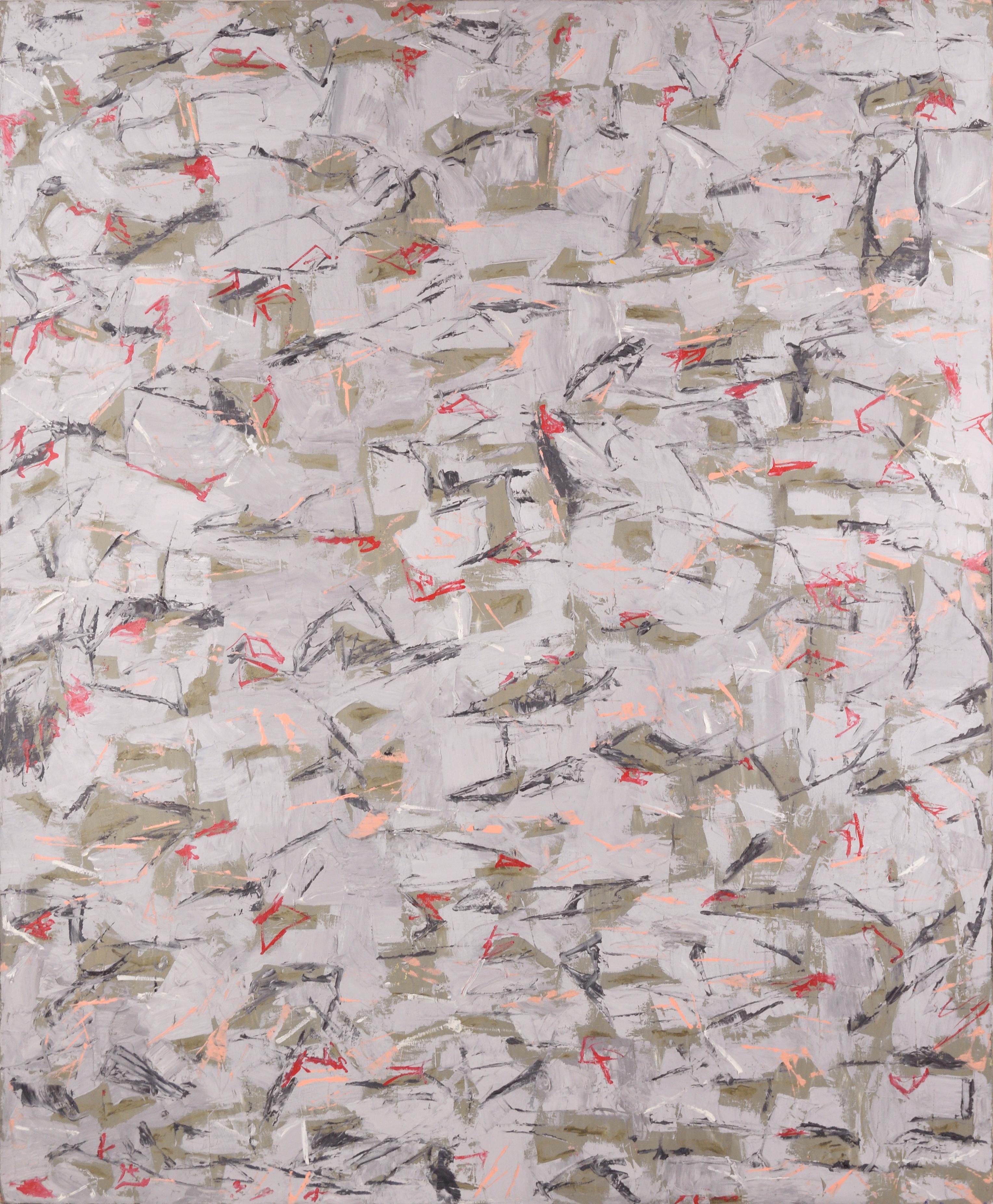 Abstract Painting Michael Pauker  - Gray and Green with Red Accents (gris et vert avec accents rouges), expressionniste abstrait contemporain de grande taille