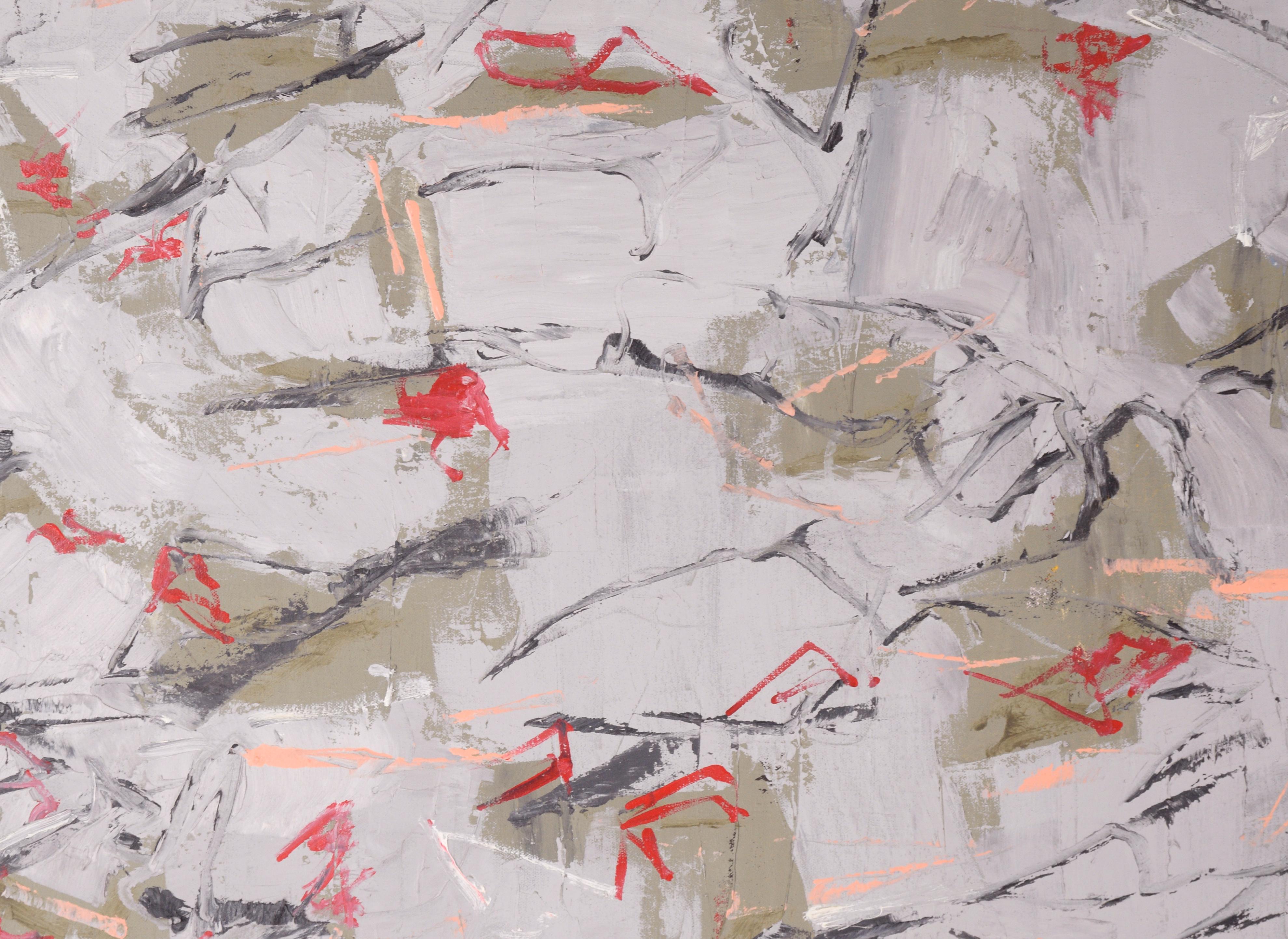 Gray and Green with Red Accents (gris et vert avec accents rouges), expressionniste abstrait contemporain de grande taille - Painting de Michael Pauker 