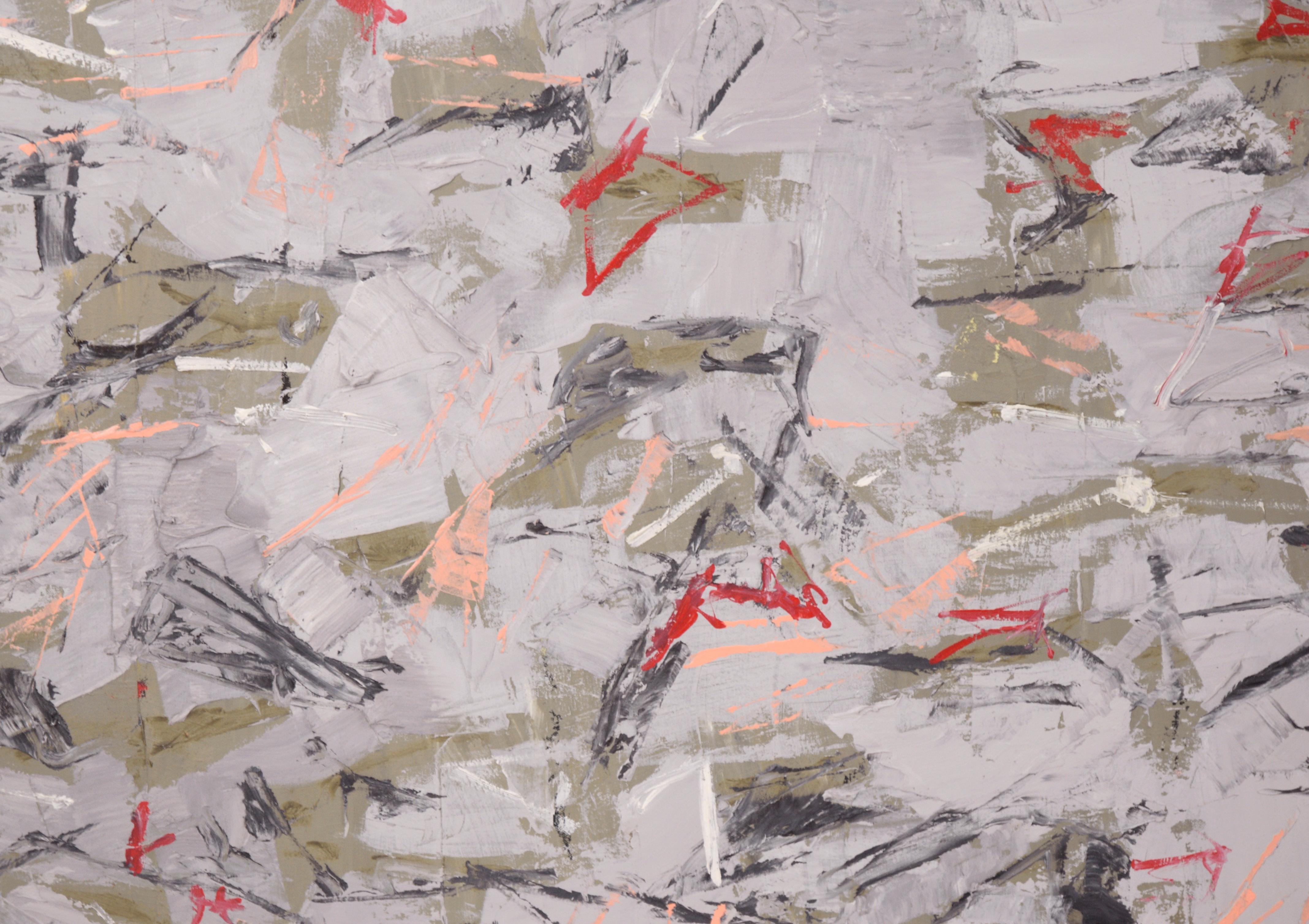 Gray and Green with Red Accents (gris et vert avec accents rouges), expressionniste abstrait contemporain de grande taille en vente 1