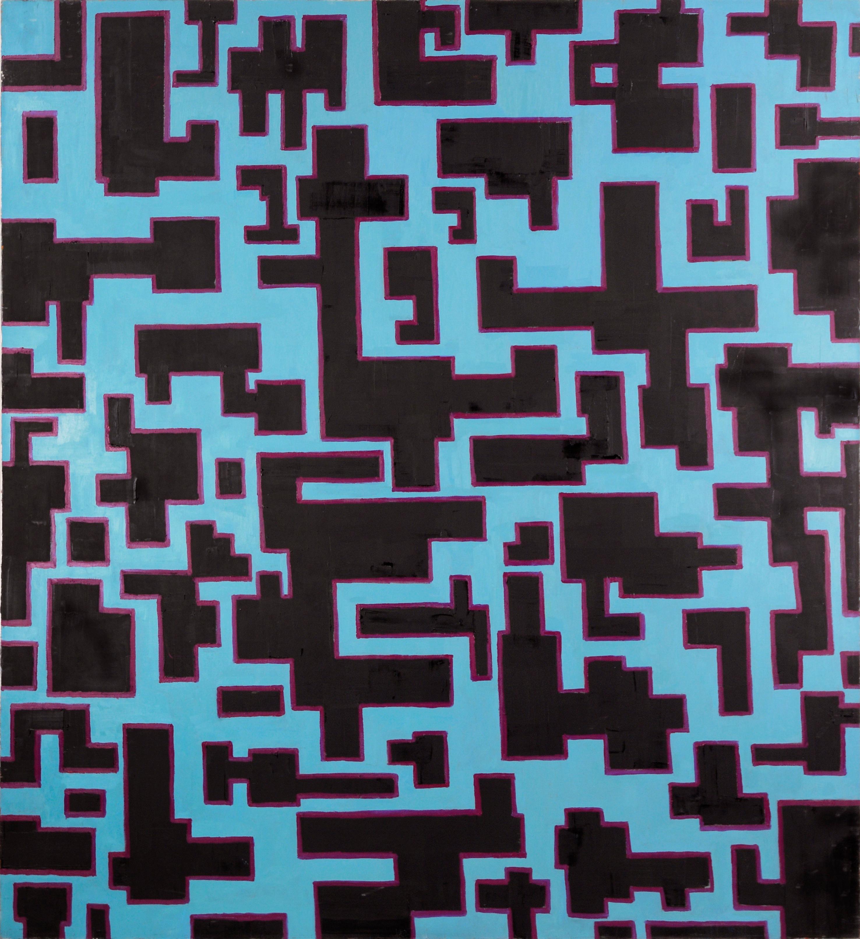 Abstract Painting di Michael Pauker  - "Knossos" Astratto contemporaneo rettilineo con blu, nero e magenta