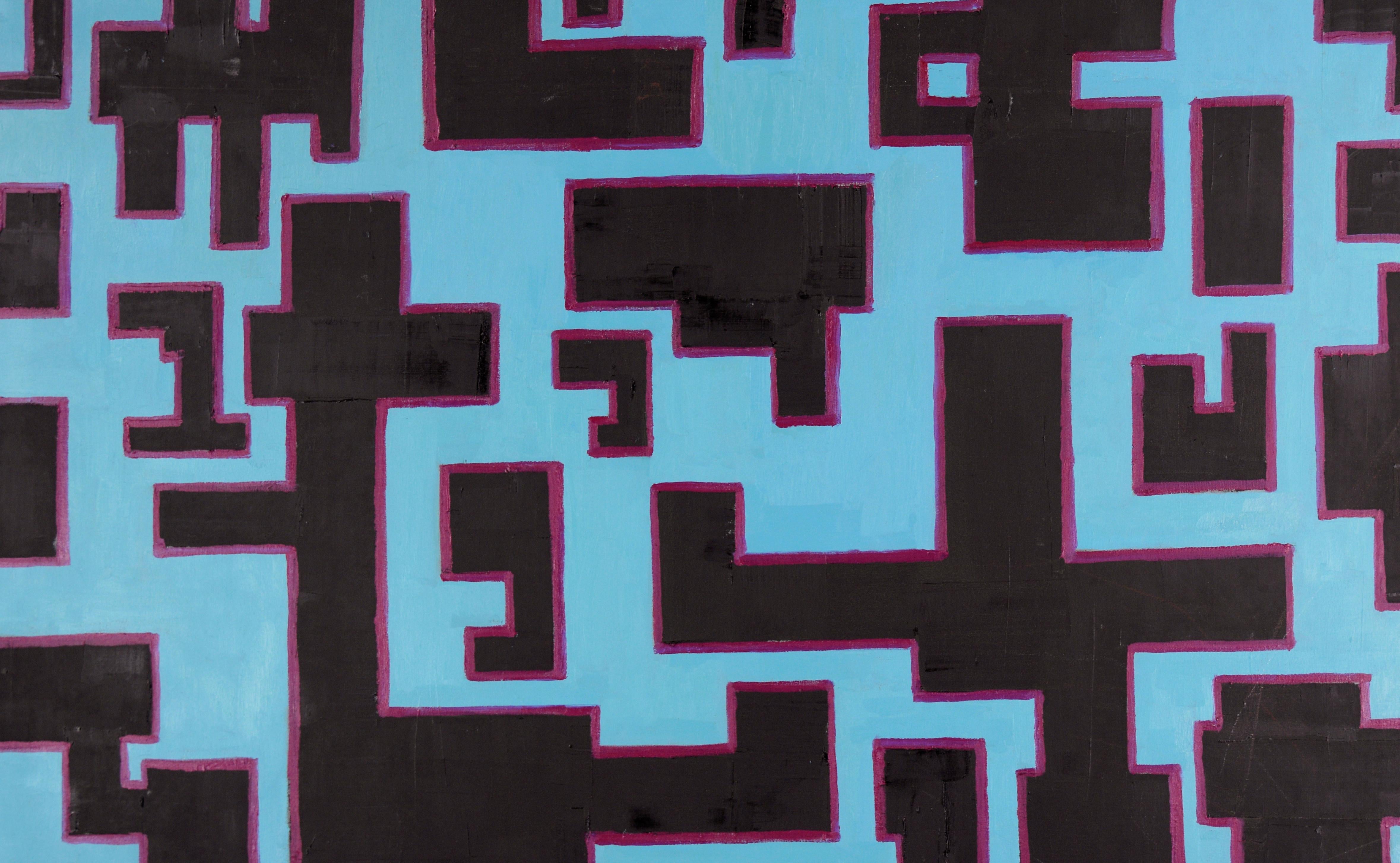 Astratto contemporaneo di grandi dimensioni con audaci forme rettilinee in nero su uno sfondo azzurro con divertenti accenti magenta dell'artista della Bay Area Michael Pauker (americano, nato nel 1957). Non firmato, ma è stato acquistato insieme a