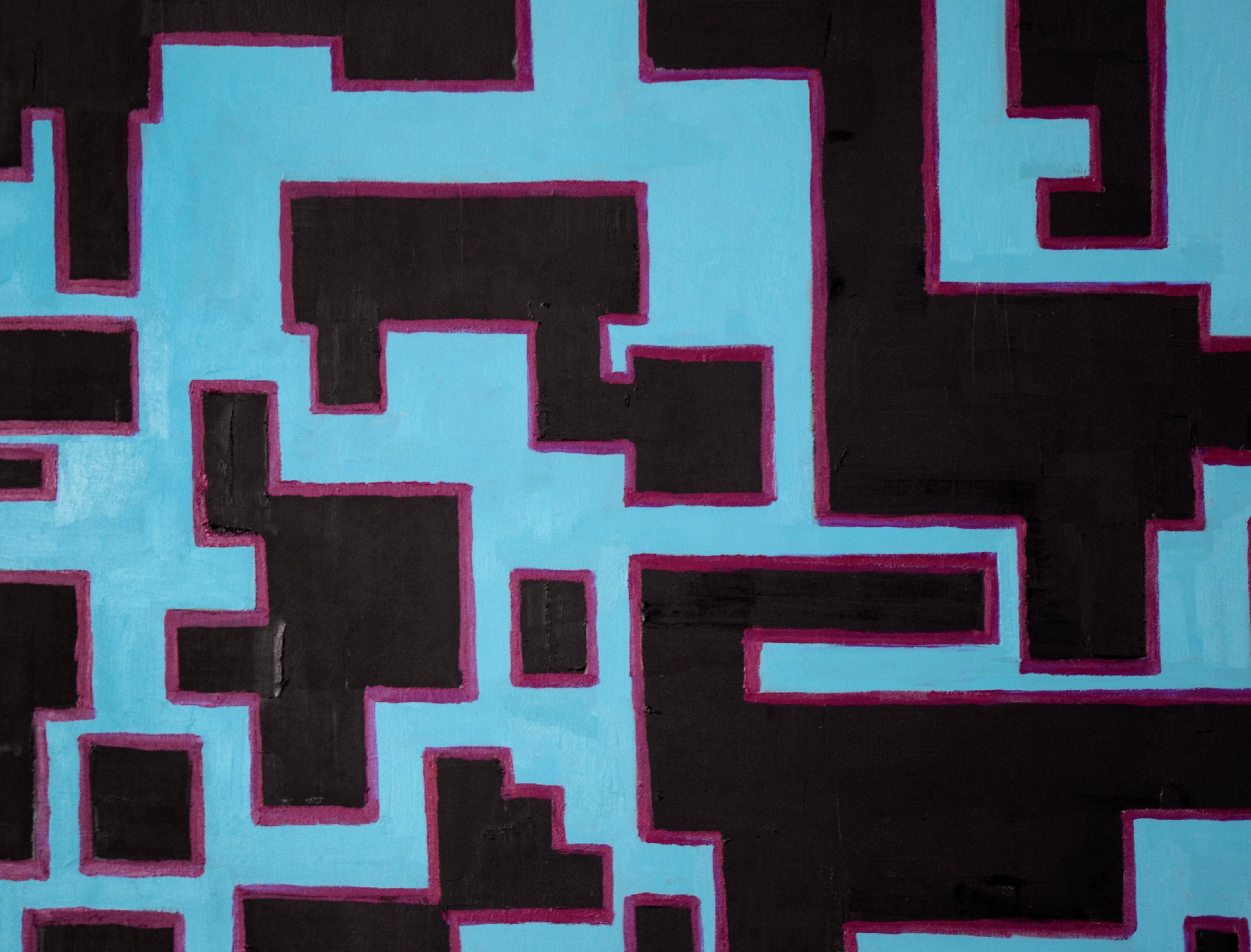 Large-scale contemporary abstract of bold rectilinear shapes in black on a sky blue background with fun magenta accents by Bay Area artist Michael Pauker (American, b.1957). Unsigned, but was acquired with a collection of the artist's work.