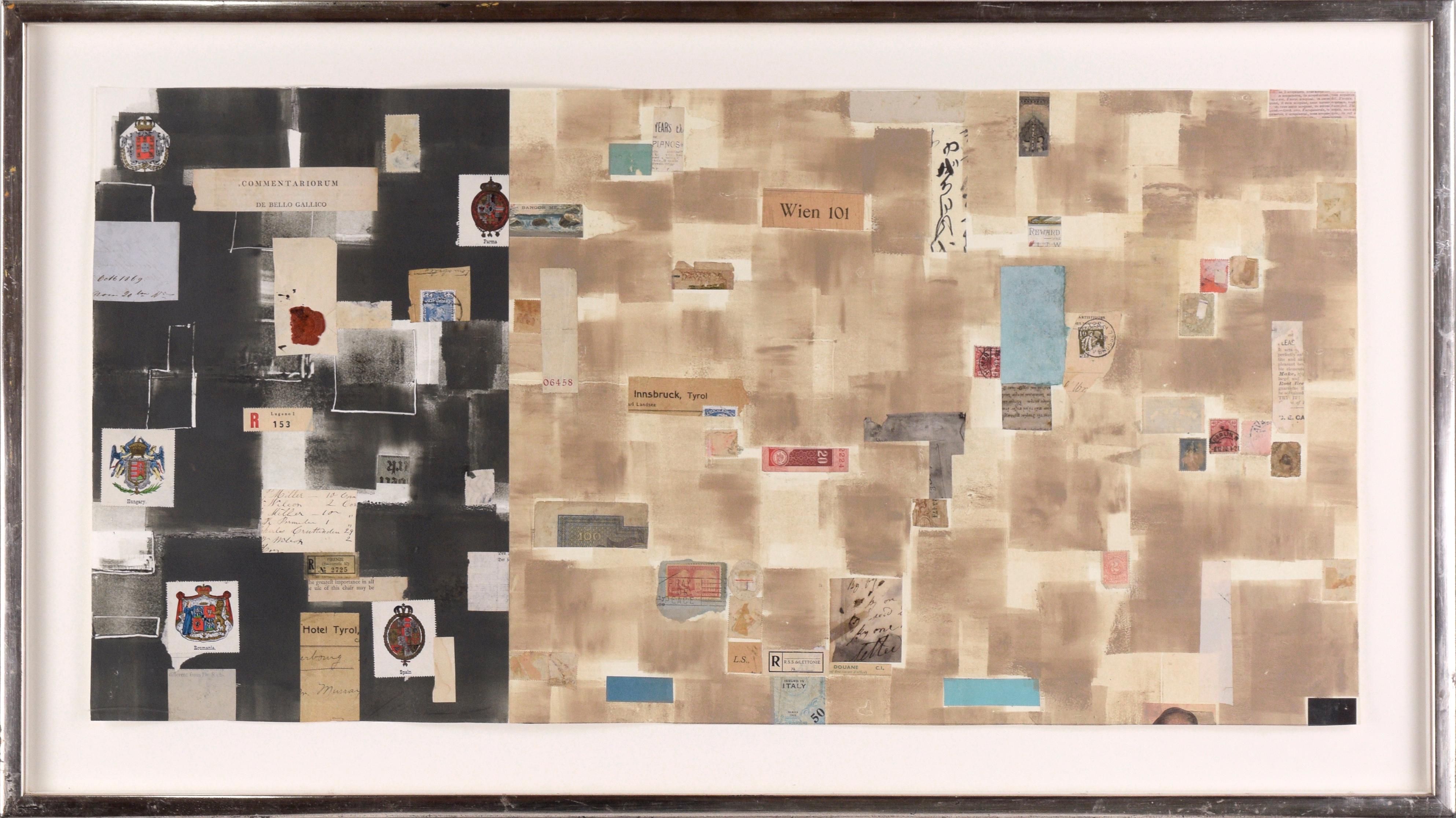 "Commentariorem", Acquerello Chine Colle contemporaneo con collage di oggetti trovati
