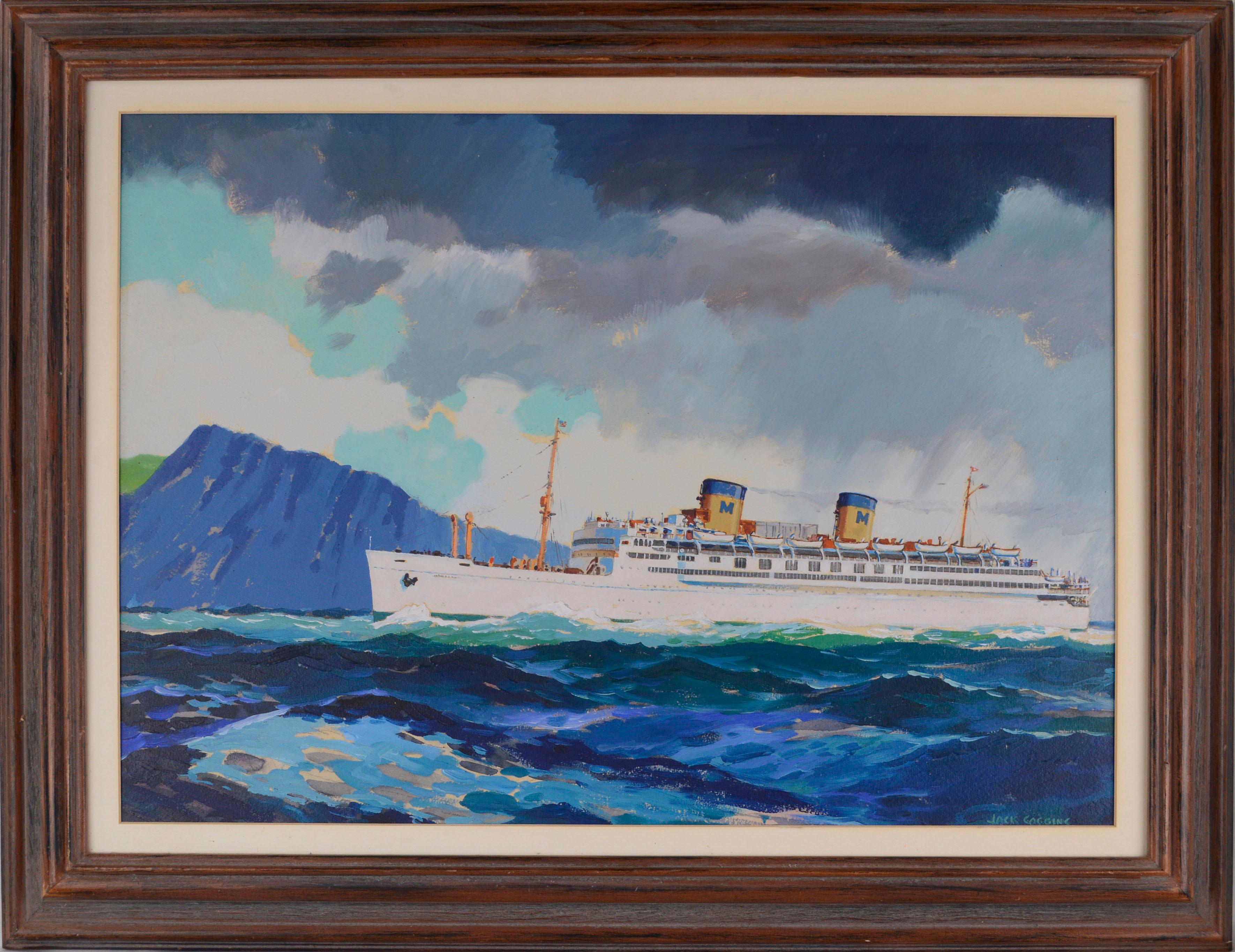 Jack Banham Coggins  Landscape Painting - S.S. Matsonia, Matson Steamship Hawaii - Mid Century Maritime Seascape 