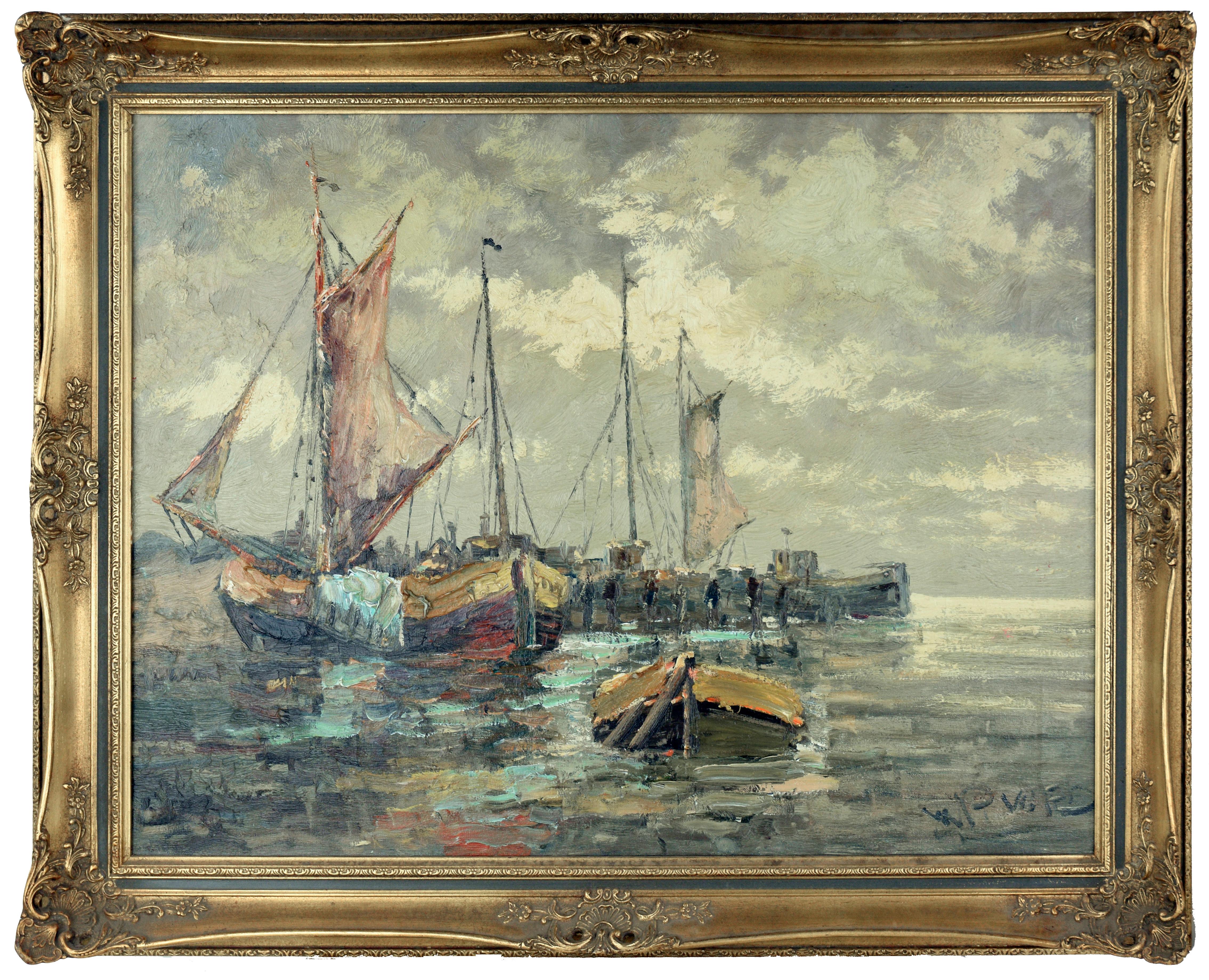 Walter Prescher van Ed  Landscape Painting - Mid Century Brittany Seascape with Fishing Boats