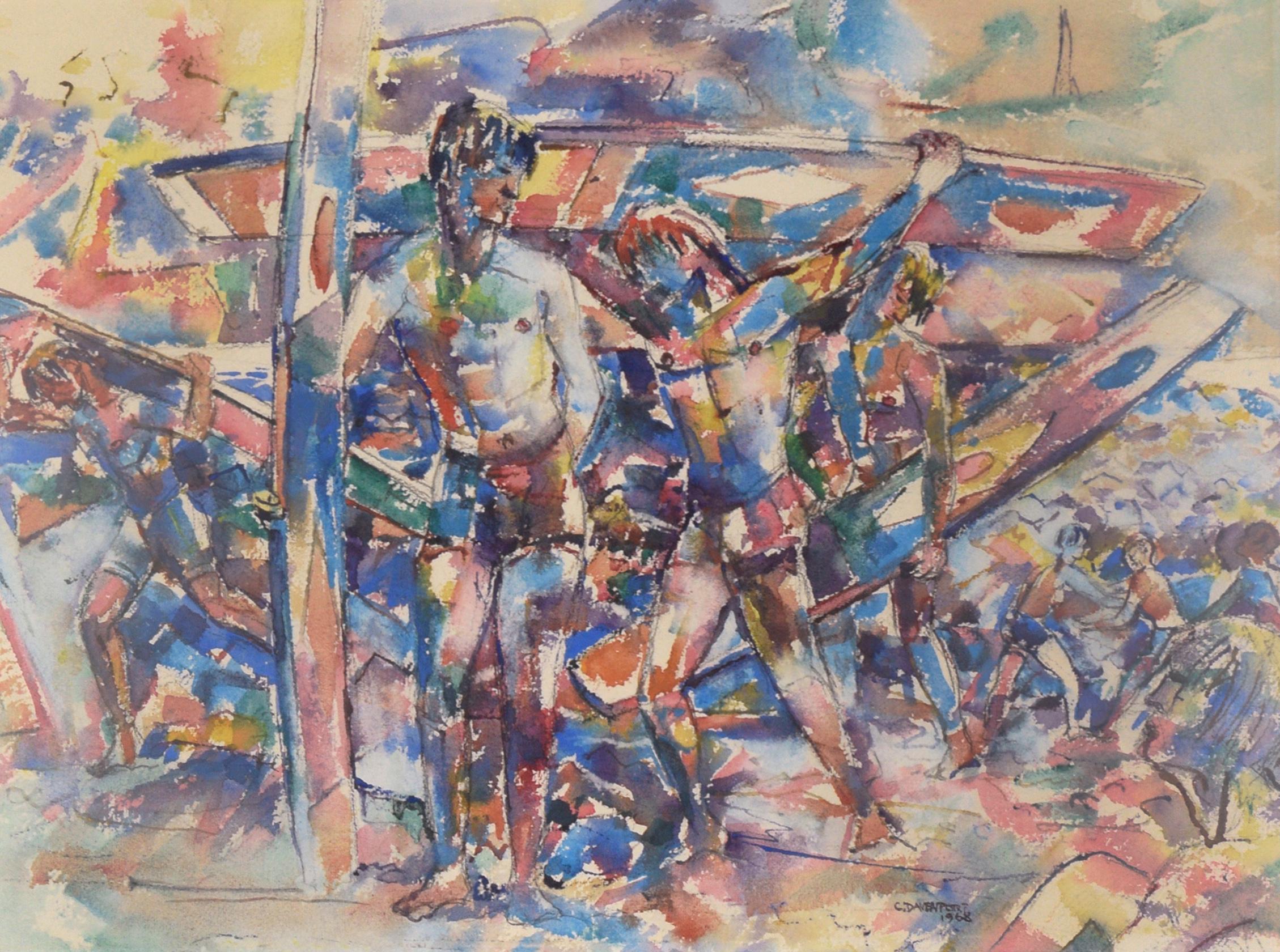 Surfers at the Chincoteague Island Beach, Mid Century Cubist Abstract - Art by Carson Sutherlin Davenport