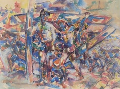 Surfers at the Chincoteague Island Beach, Mid Century Cubist Abstract
